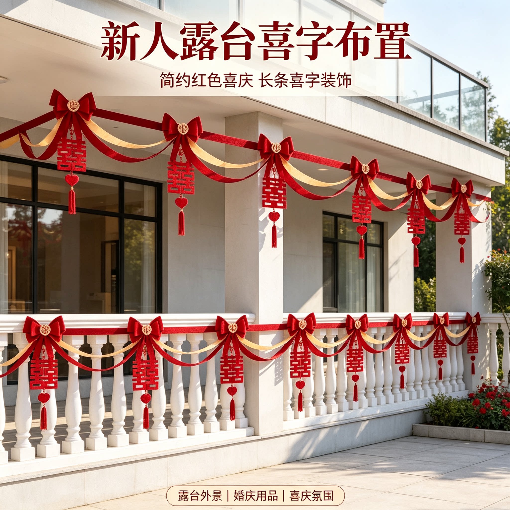 婚庆用品新人外景长条喜字简约红色喜庆沙发背景墙场景布置装饰品