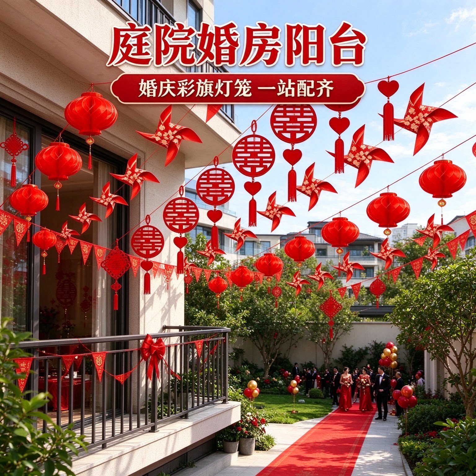 婚庆拉花彩带出嫁庭院户外彩旗灯笼风车氛围感婚礼装扮用品大全