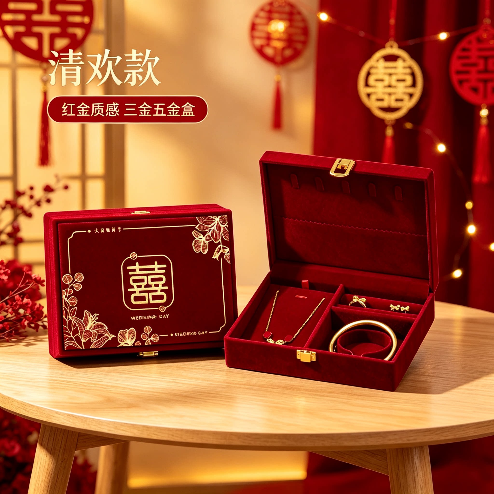 酒红三金盒男方金器订婚结婚彩礼钱盒子质感婚礼黄金首饰五金盒