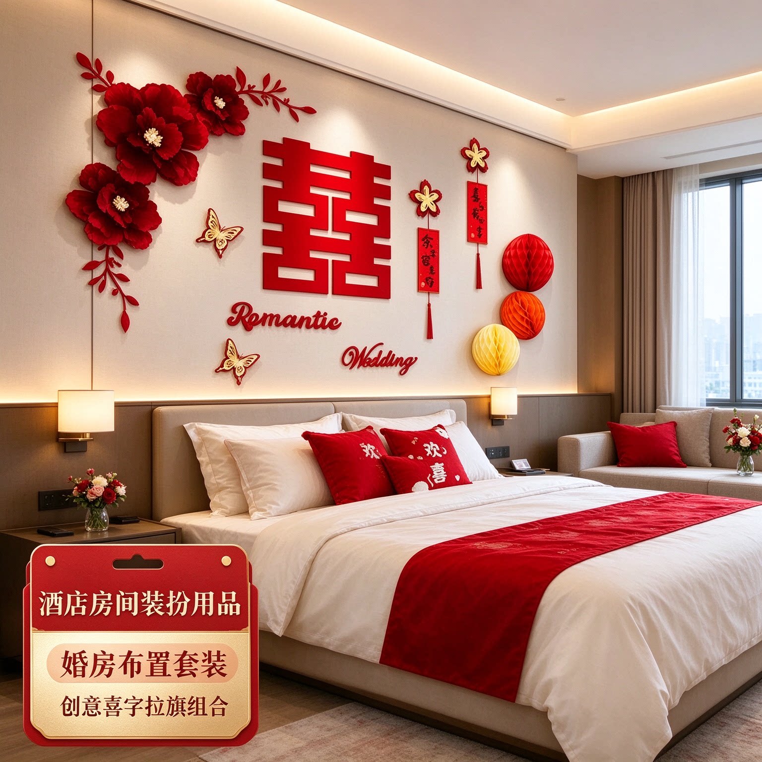 结婚布置婚房装饰女方新房客厅拉旗创意新款喜字酒店房间装扮用品