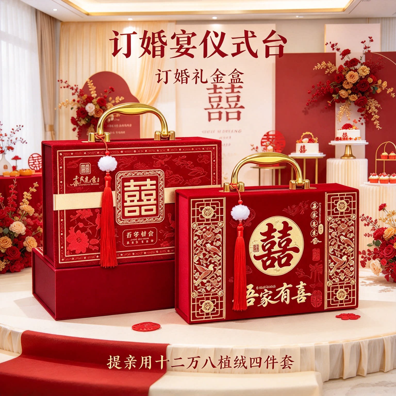 彩礼现金礼盒提亲用十二万八植绒四件套男方上门下聘大红吉礼用品
