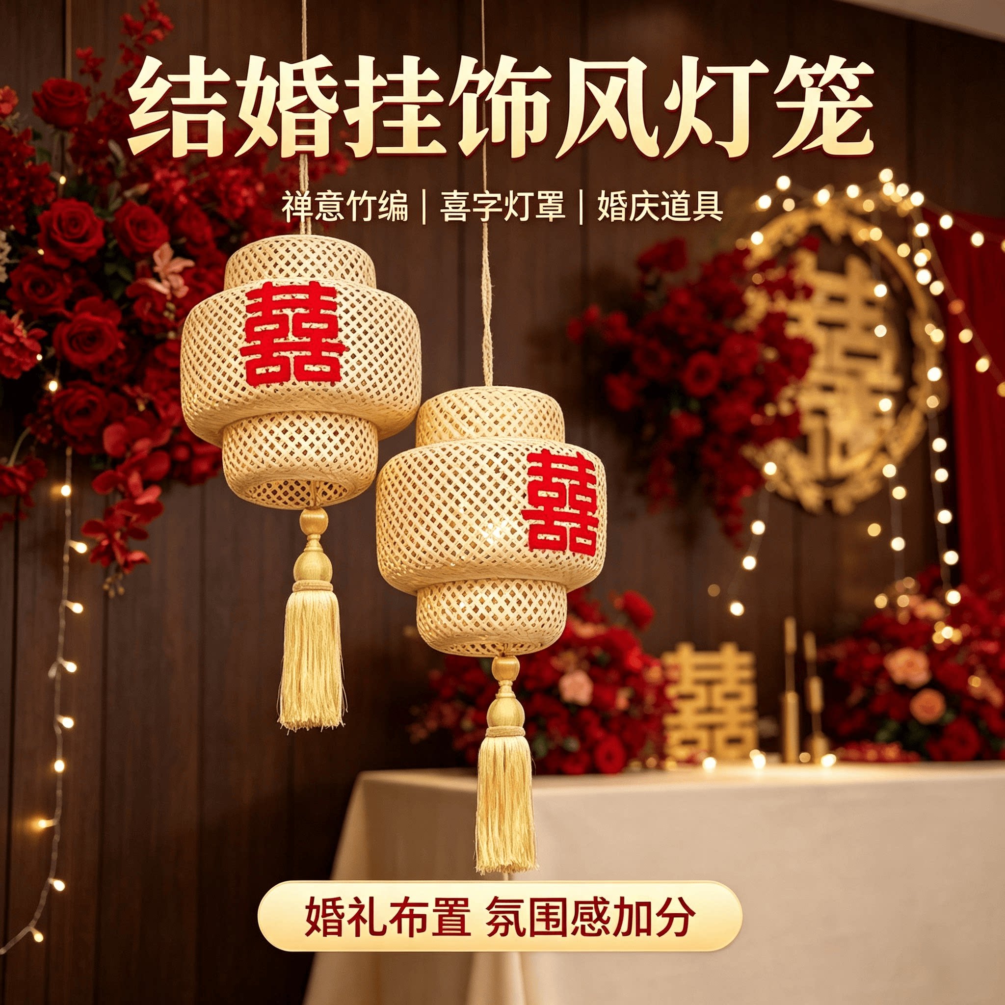 结婚挂饰灯笼禅意喜字竹编灯笼图片