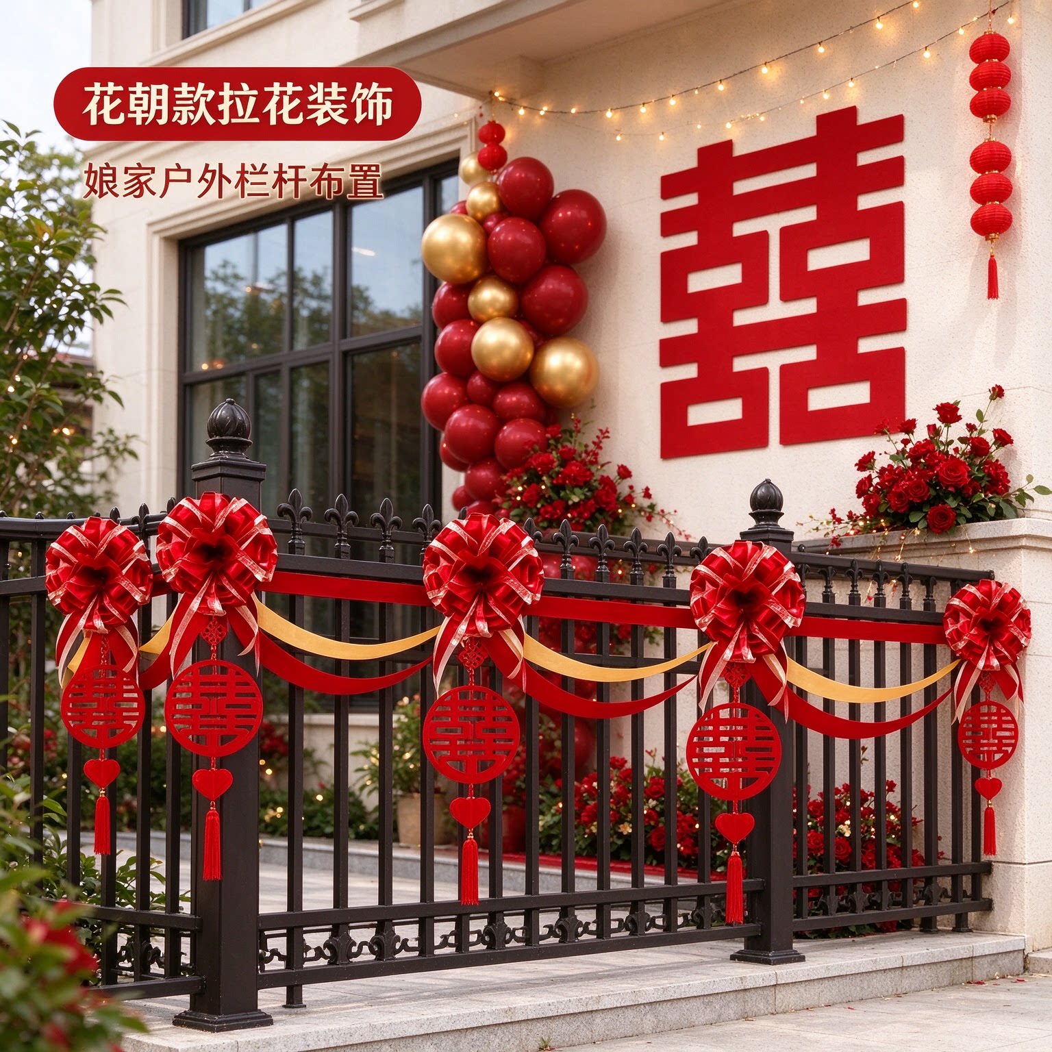 拉花装饰娘家走廊波浪旗正喜蝴蝶结喜字酒店婚房婚礼装扮布置用品