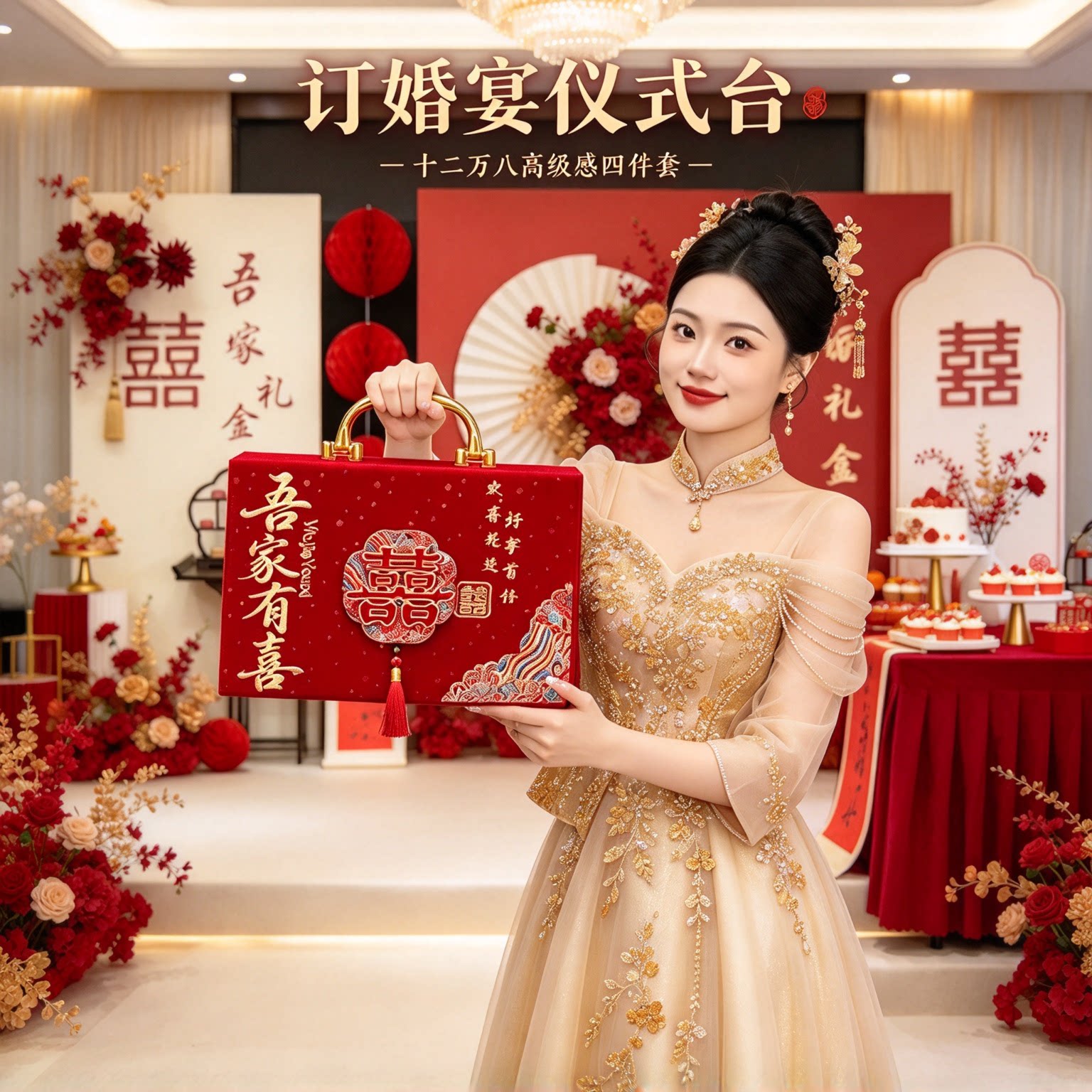 结婚彩礼箱礼金盒十二万八高级感四件套婚礼仪式大红聘礼用品大全