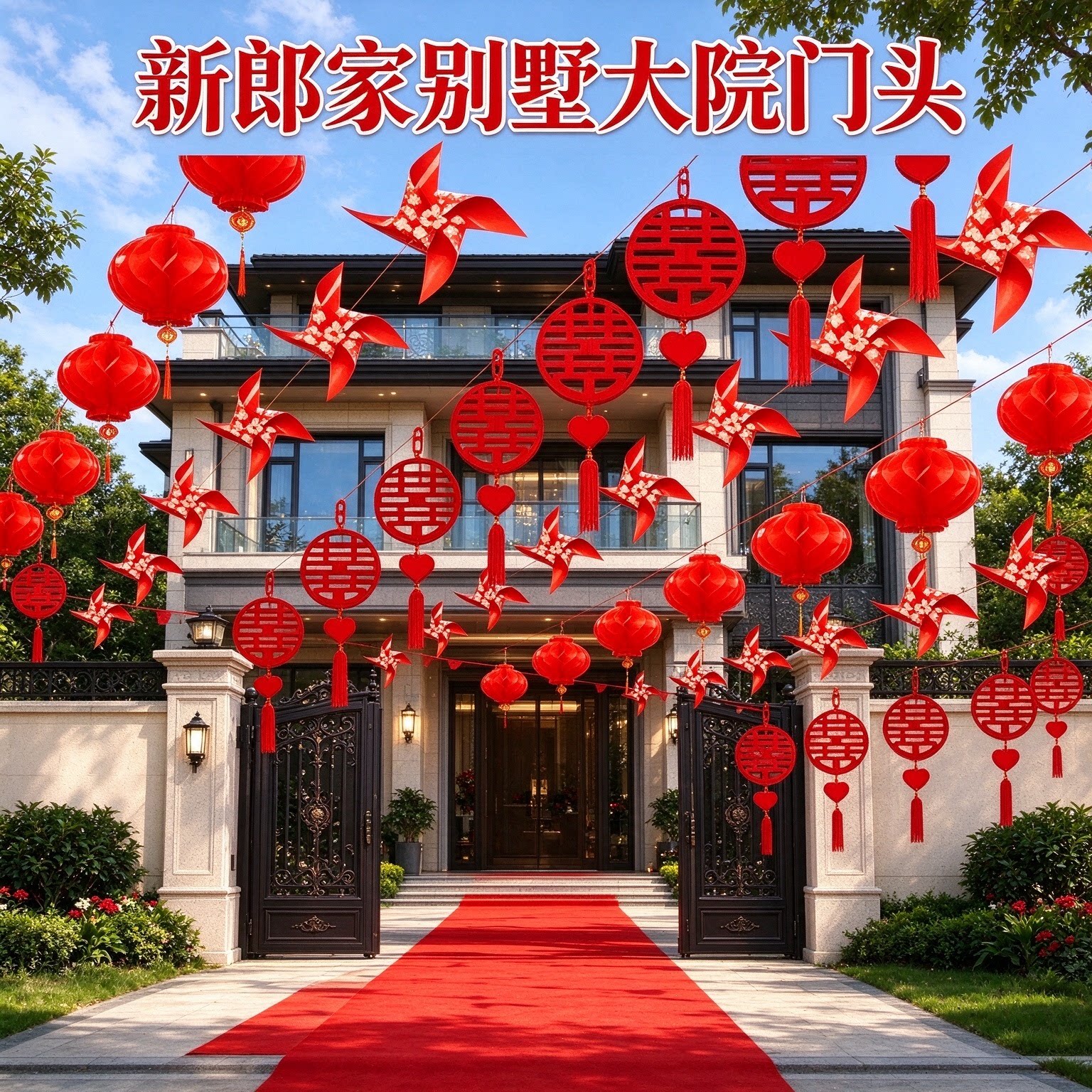 拉花装饰新郎家婚礼现场彩旗灯笼风车喜庆大红户外婚庆布置用品
