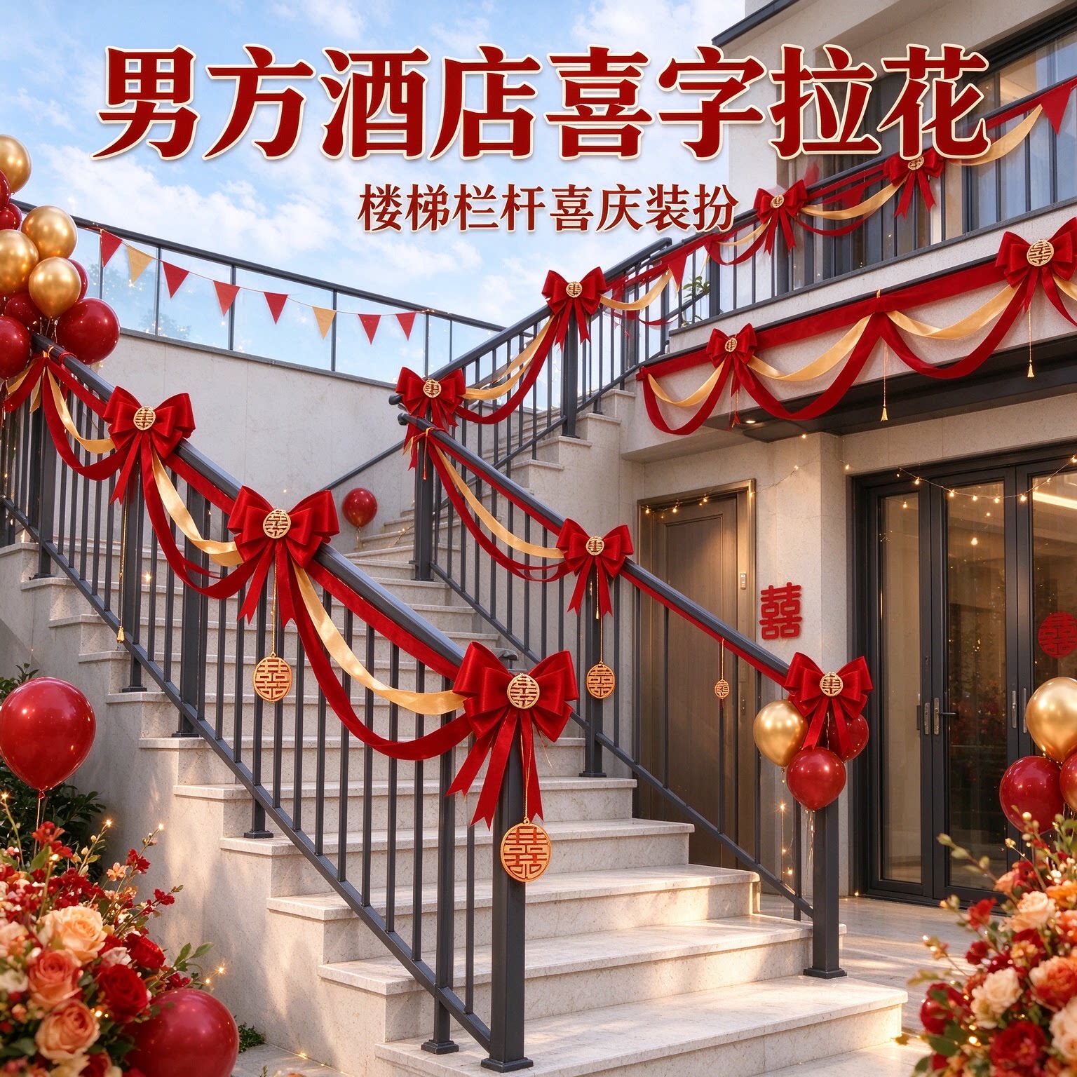 拉花彩带男方酒店喜字简约大气彩旗阳台栏杆婚房装扮婚礼场景布置