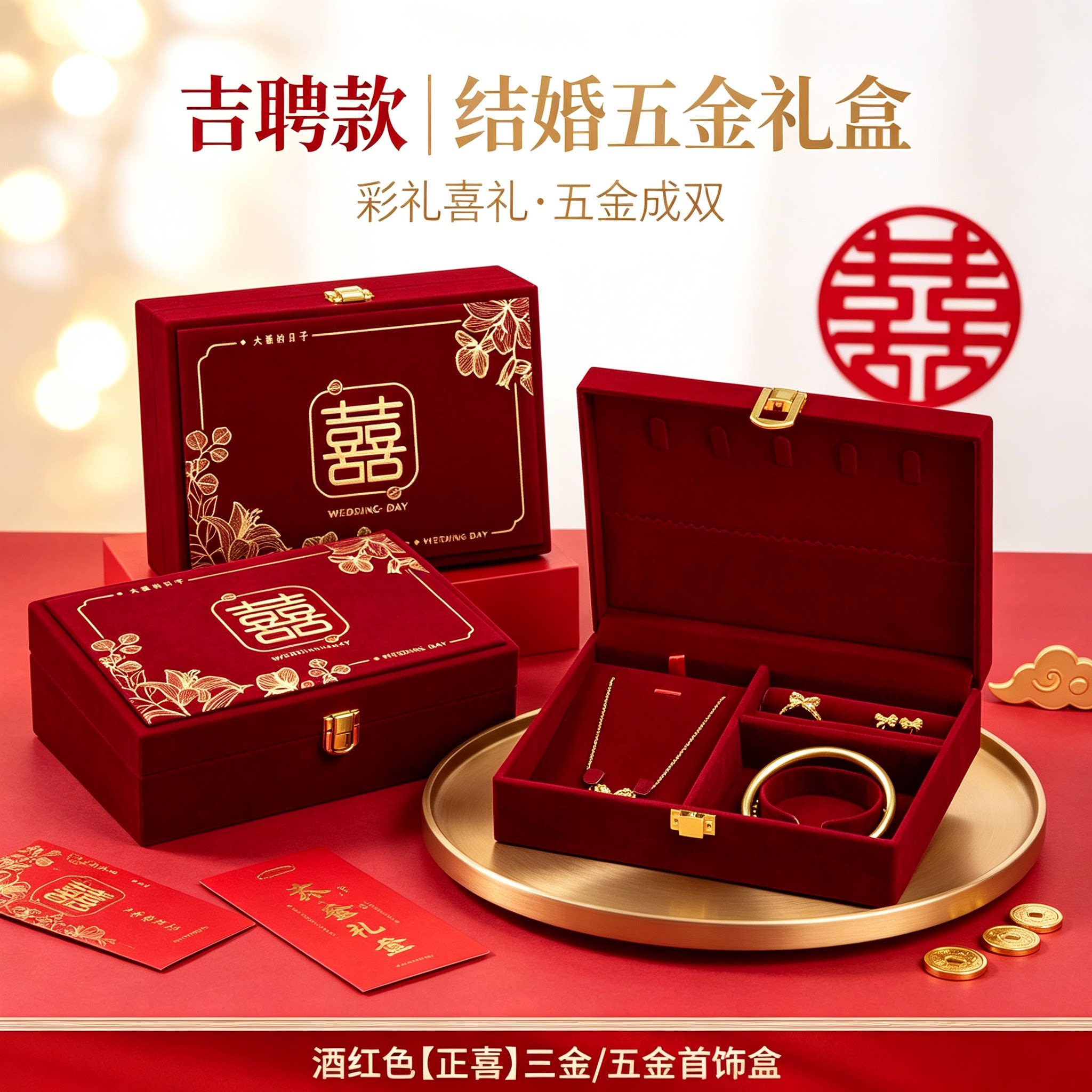男方黄金首饰盒开合方便订婚金器结婚彩礼钱盒子酒红婚礼五金盒