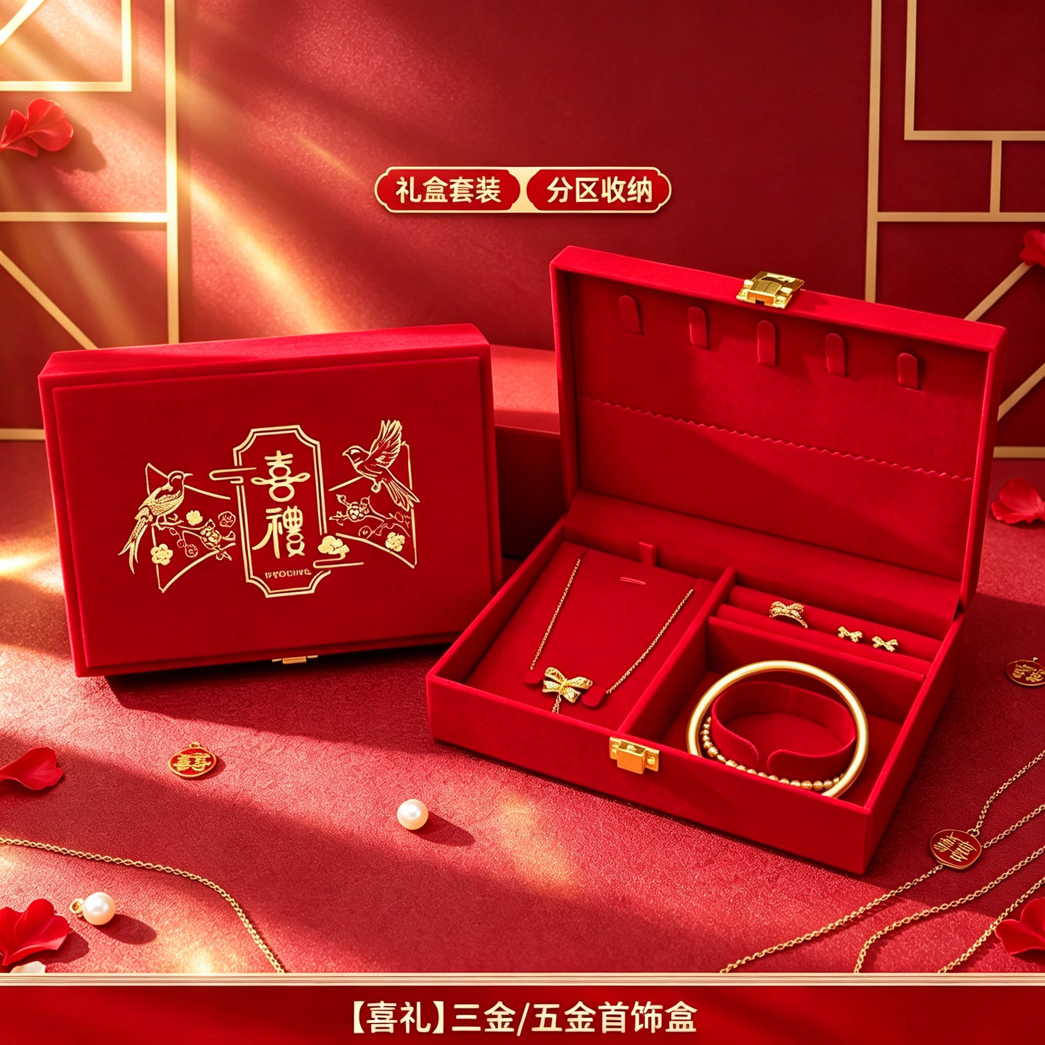 结婚黄金首饰盒放三金男方金器订婚彩礼钱盒子酒红质感五金盒