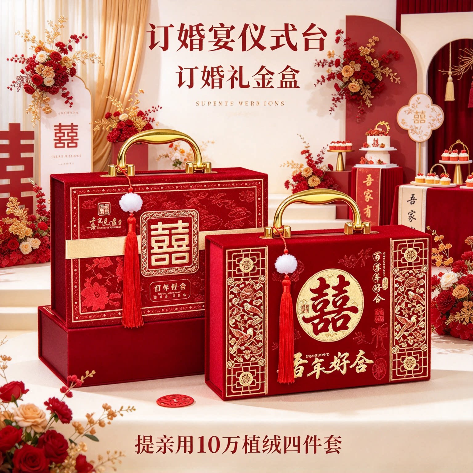 彩礼现金礼盒提亲用10万植绒四件套男方上门下聘大红好礼用品大全