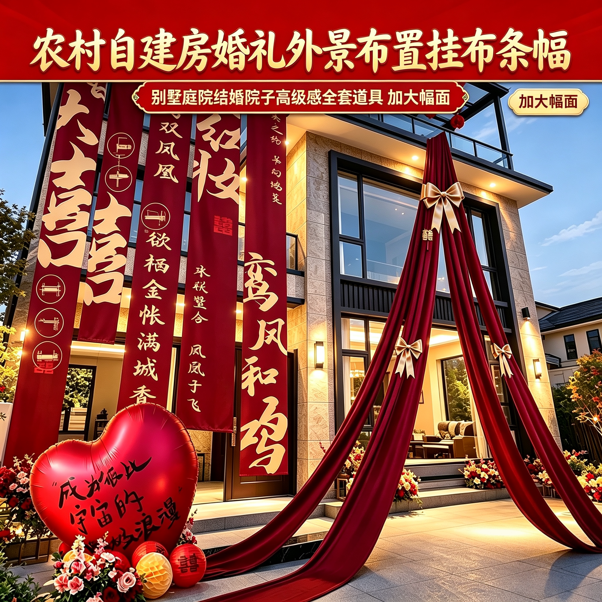 农村自建房婚礼外景布置挂布条幅别墅庭院结婚院子高级感全套道具