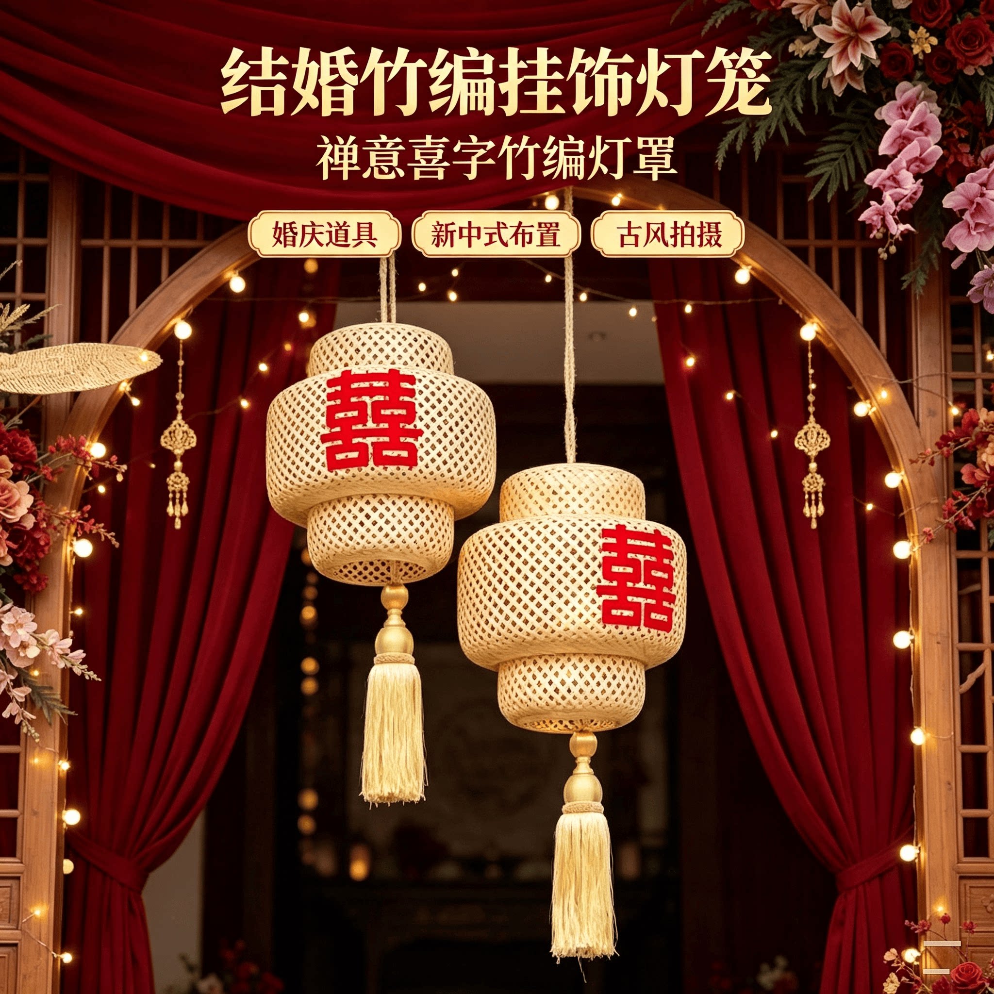 结婚竹编灯笼禅意喜字竹编灯笼图片