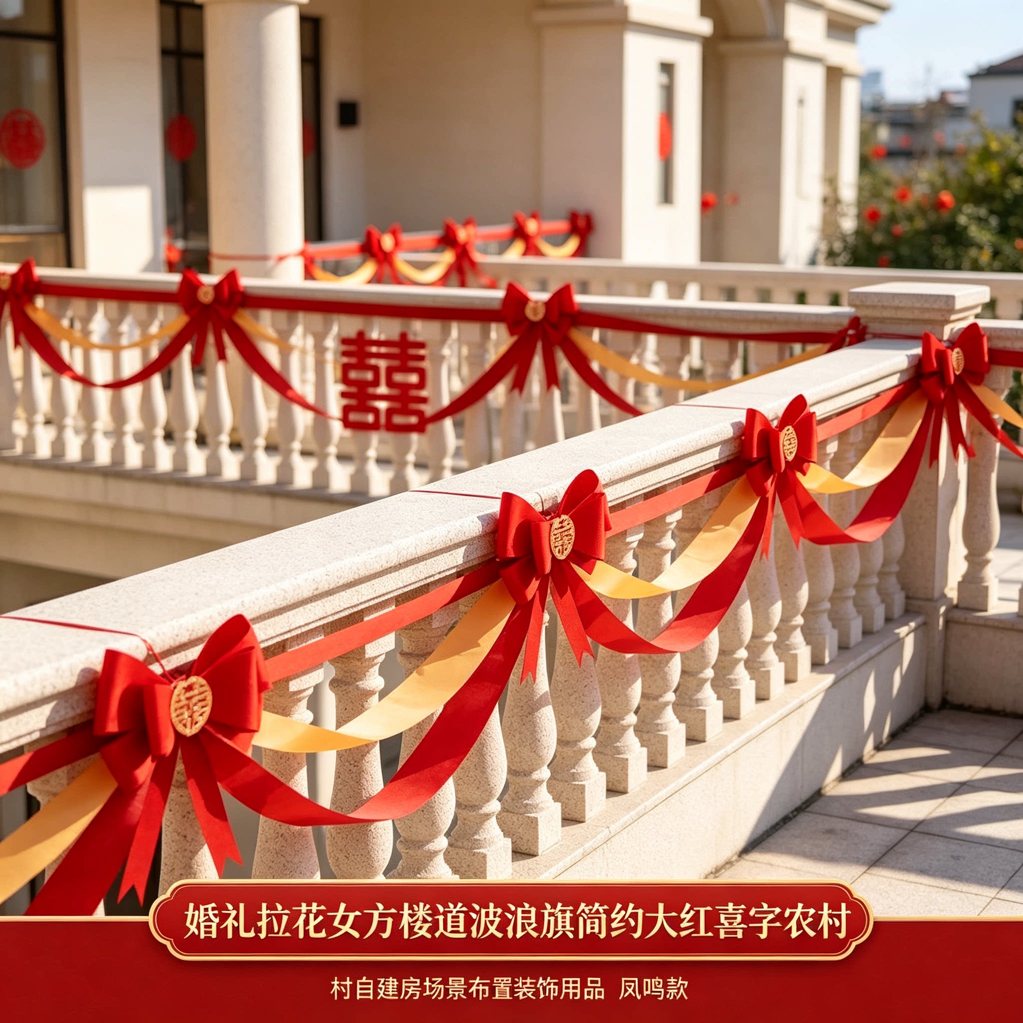 婚礼拉花女方楼道波浪旗简约大红喜字农村自建房场景布置装饰用品