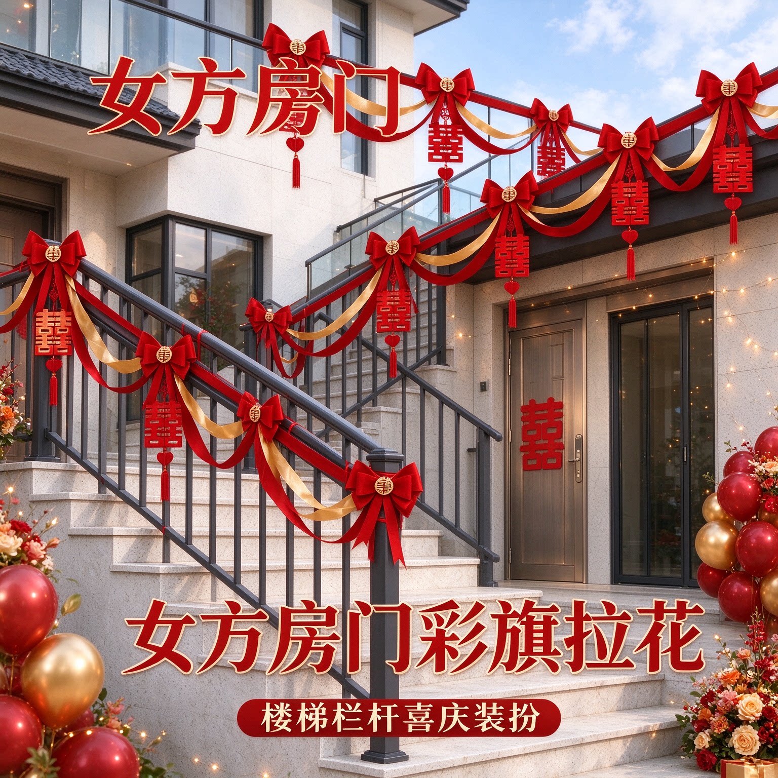拉花彩带女方房门彩旗高级感大气客厅背景墙婚房装扮婚礼布置用品
