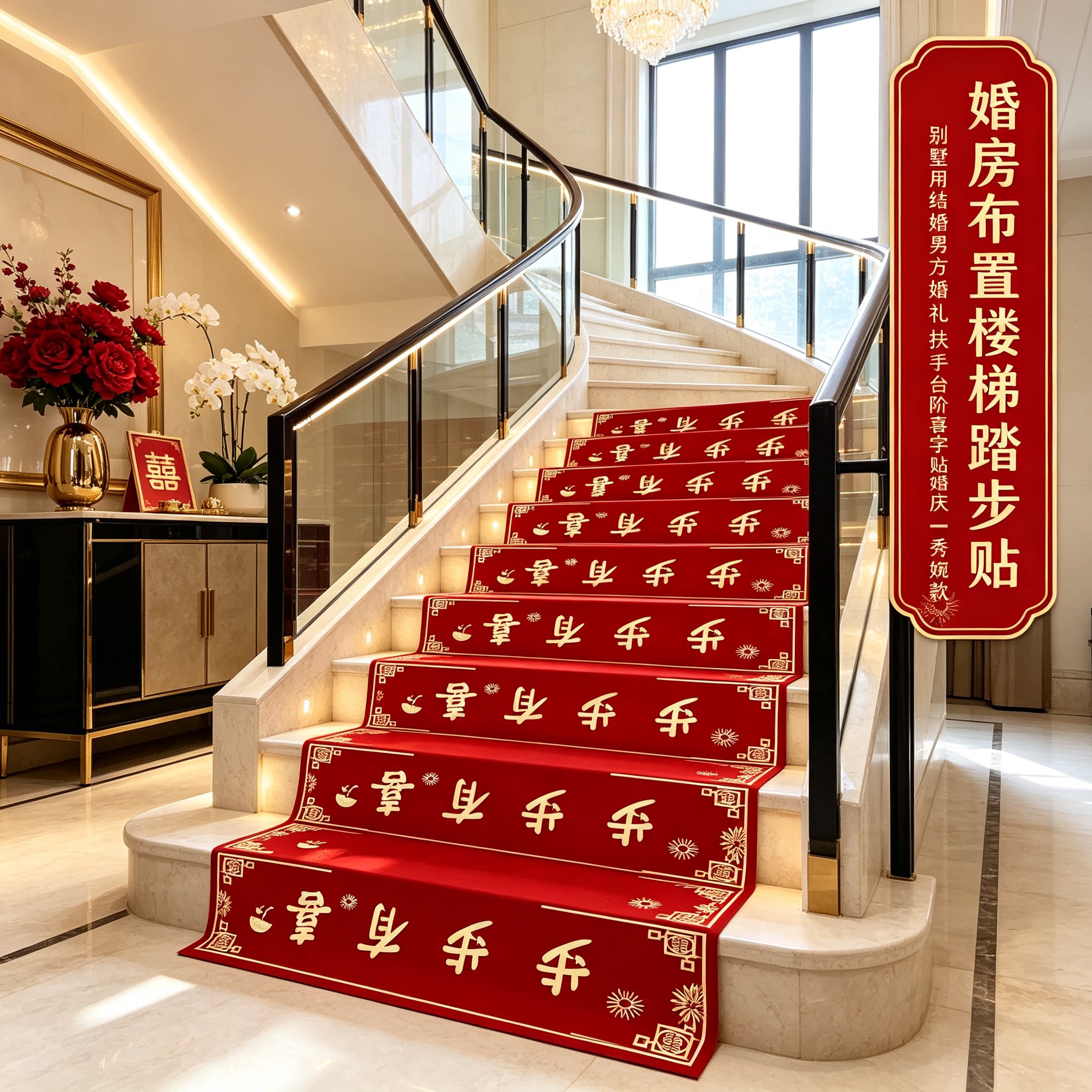 婚房布置楼梯踏步贴自建房结婚男方婚礼扶手台阶喜字贴婚庆