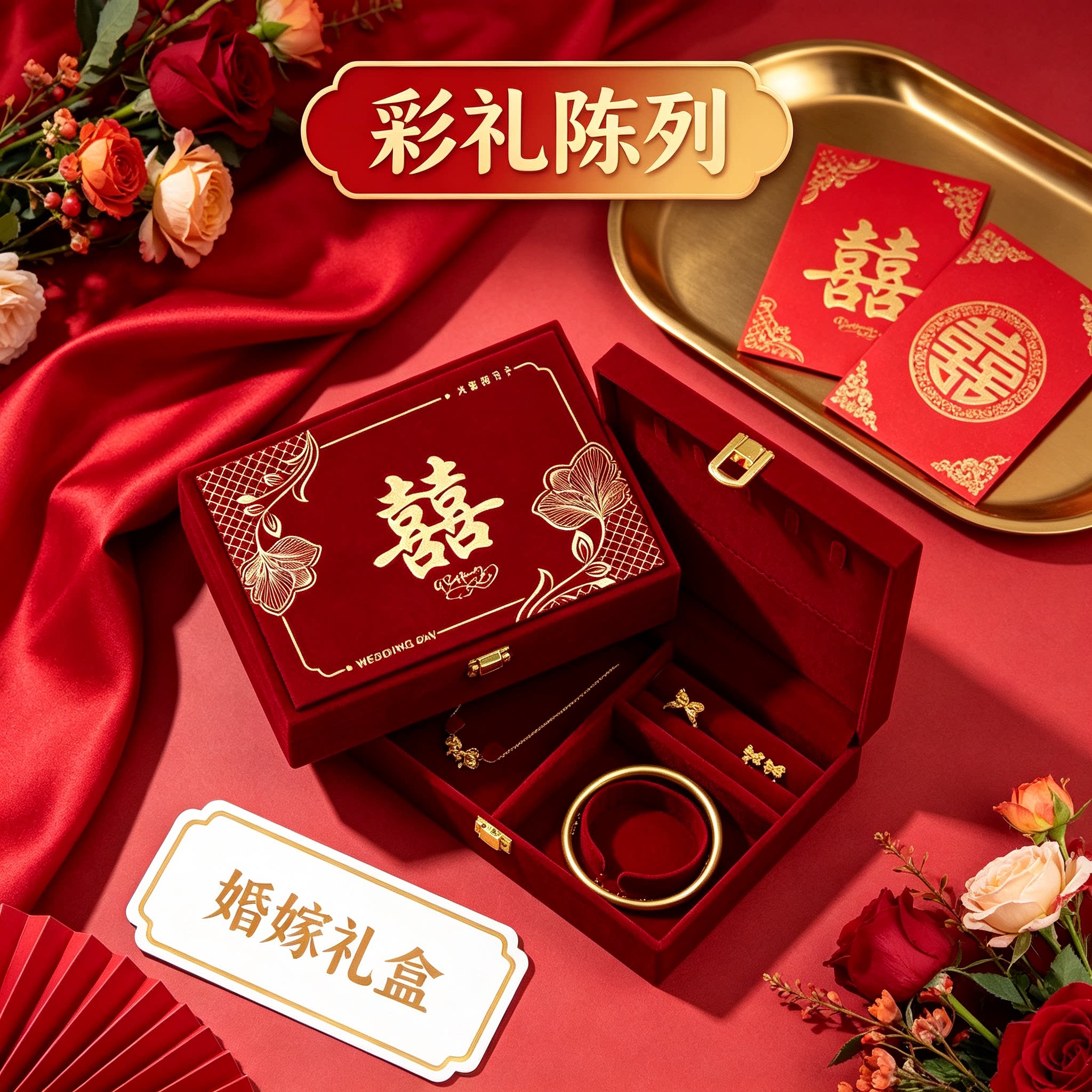 订婚黄金首饰盒男方金器结婚彩礼钱盒子酒红高级感婚礼三金五金盒