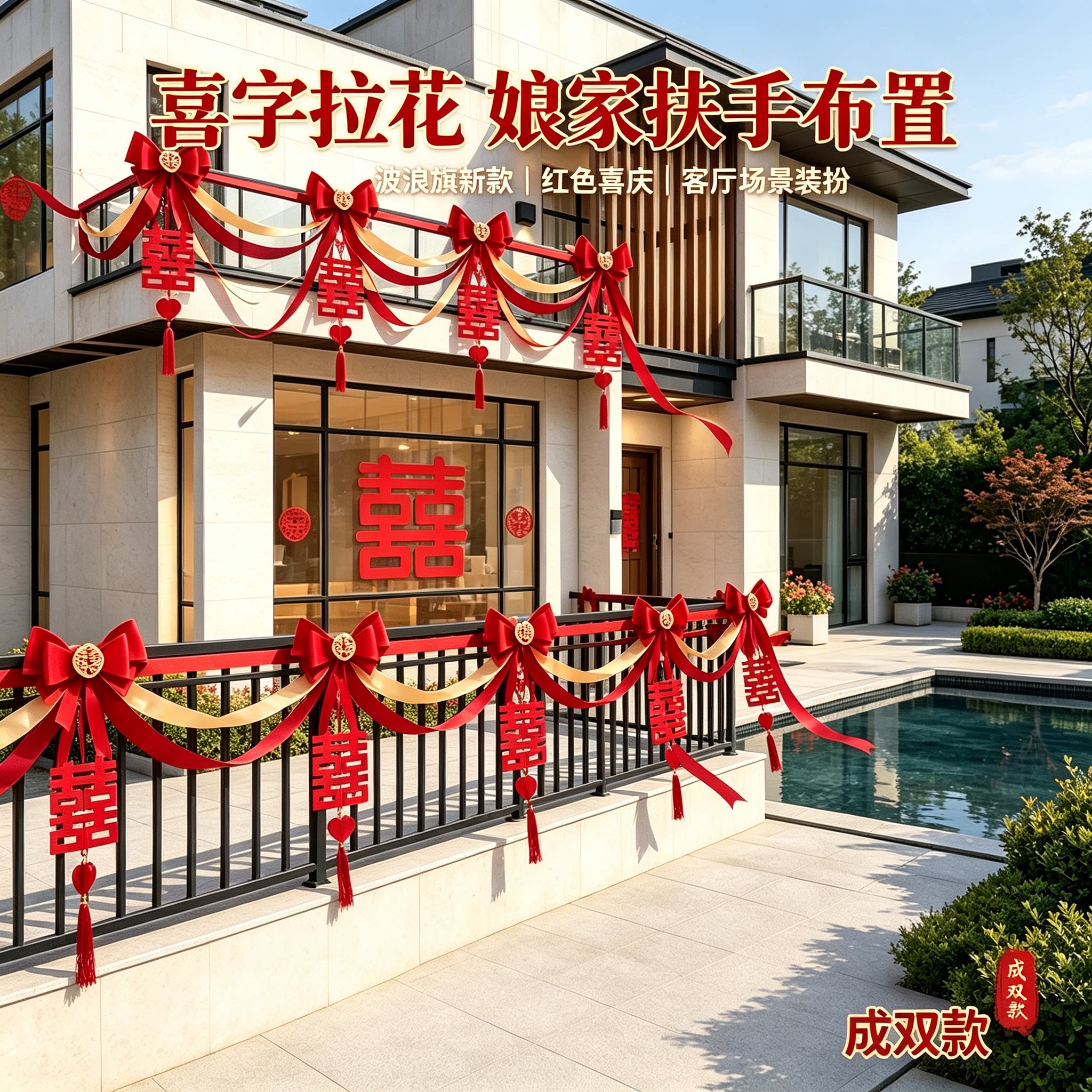 喜字拉花娘家扶手波浪旗新款红色喜庆沙发背景墙场景布置装扮用品