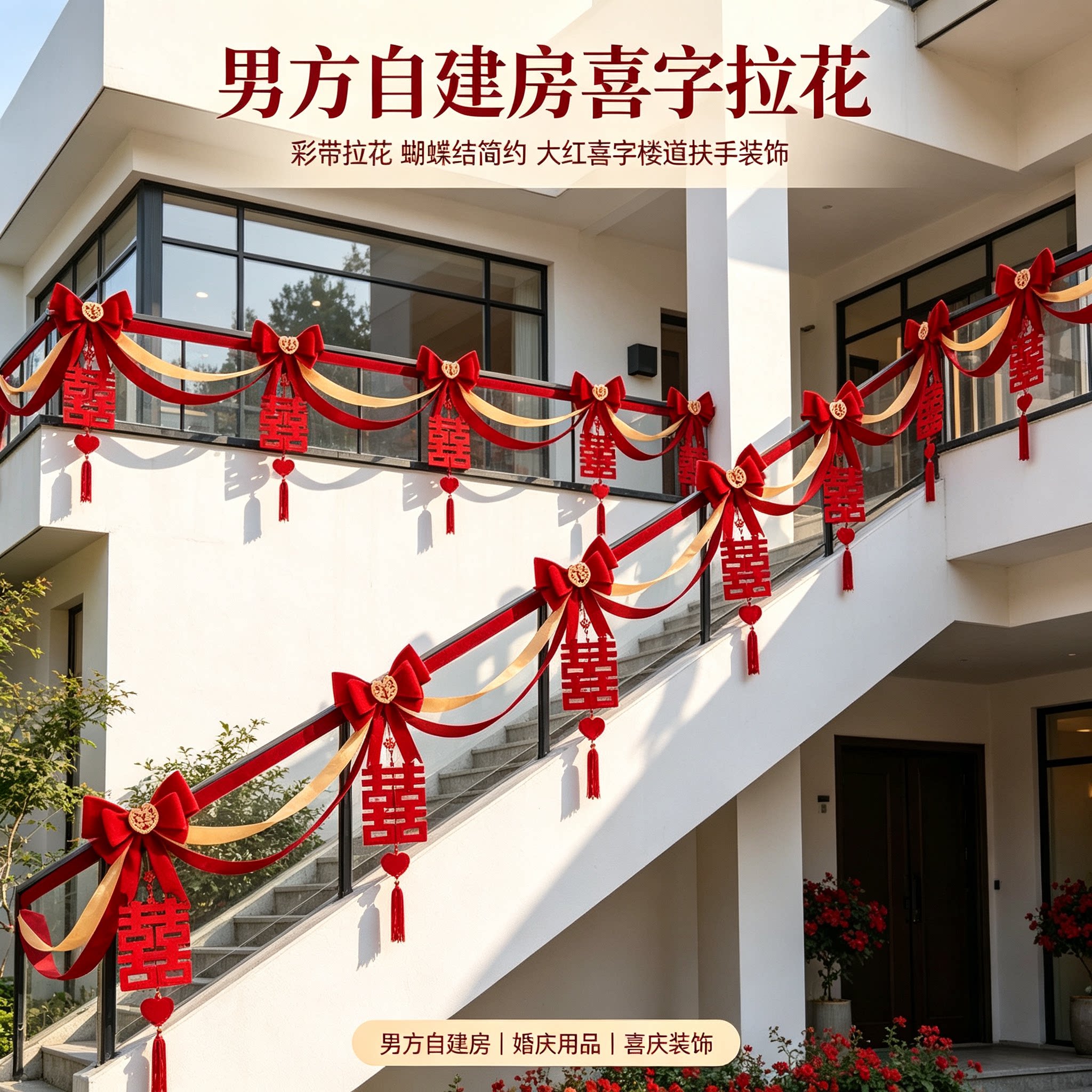 拉花彩带男方自建房蝴蝶结简约大红喜字楼道扶手装饰布置装扮用品