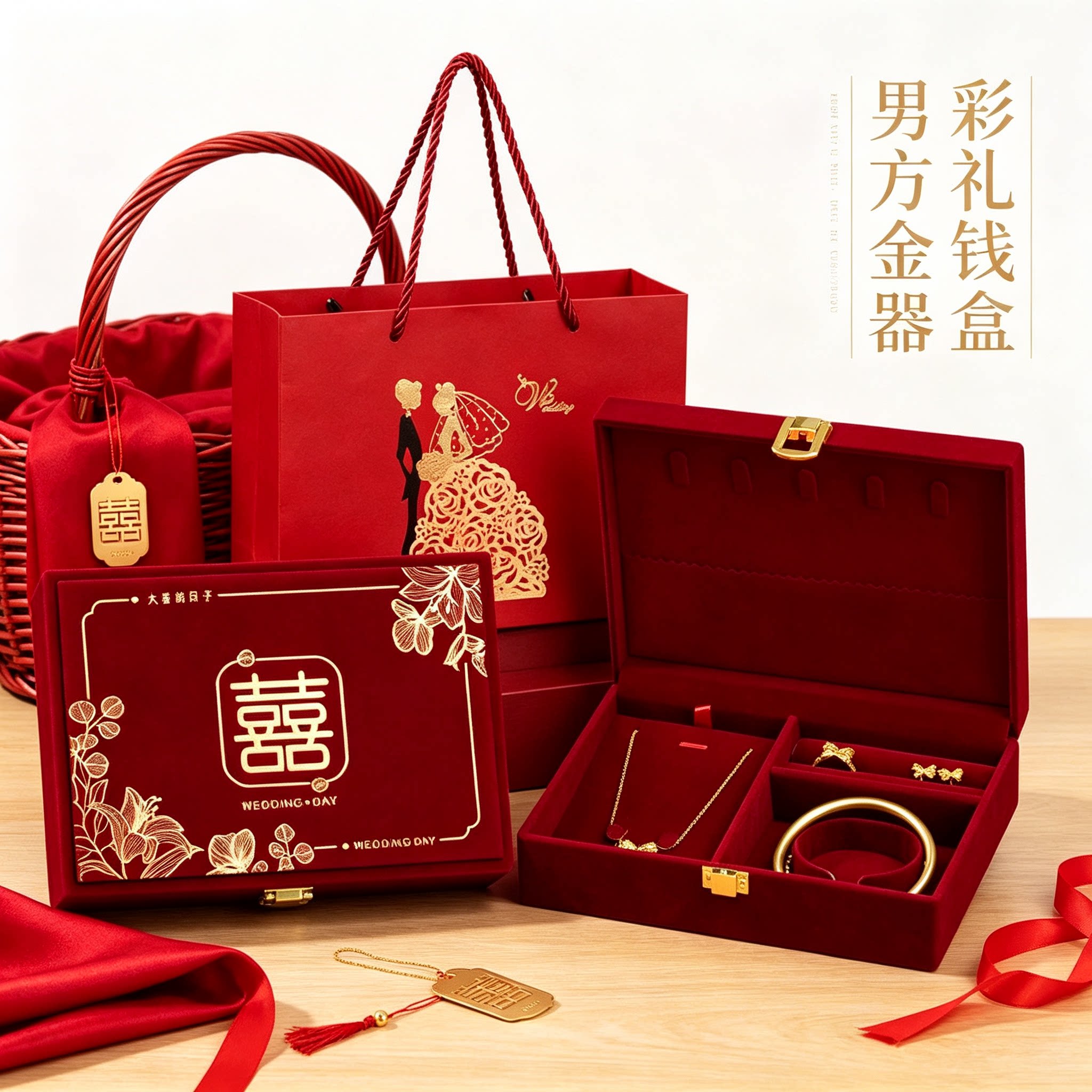 婚礼黄金首饰盒提亲用男方金器订婚结婚彩礼钱盒子酒红三金盒