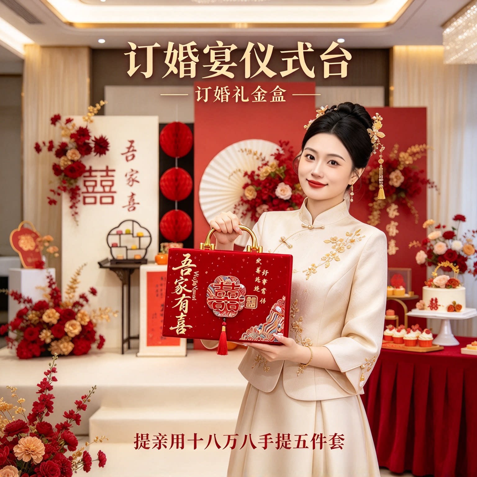 彩礼现金礼盒提亲用十八万八手提五件套娘家陪嫁红色好礼用品大全