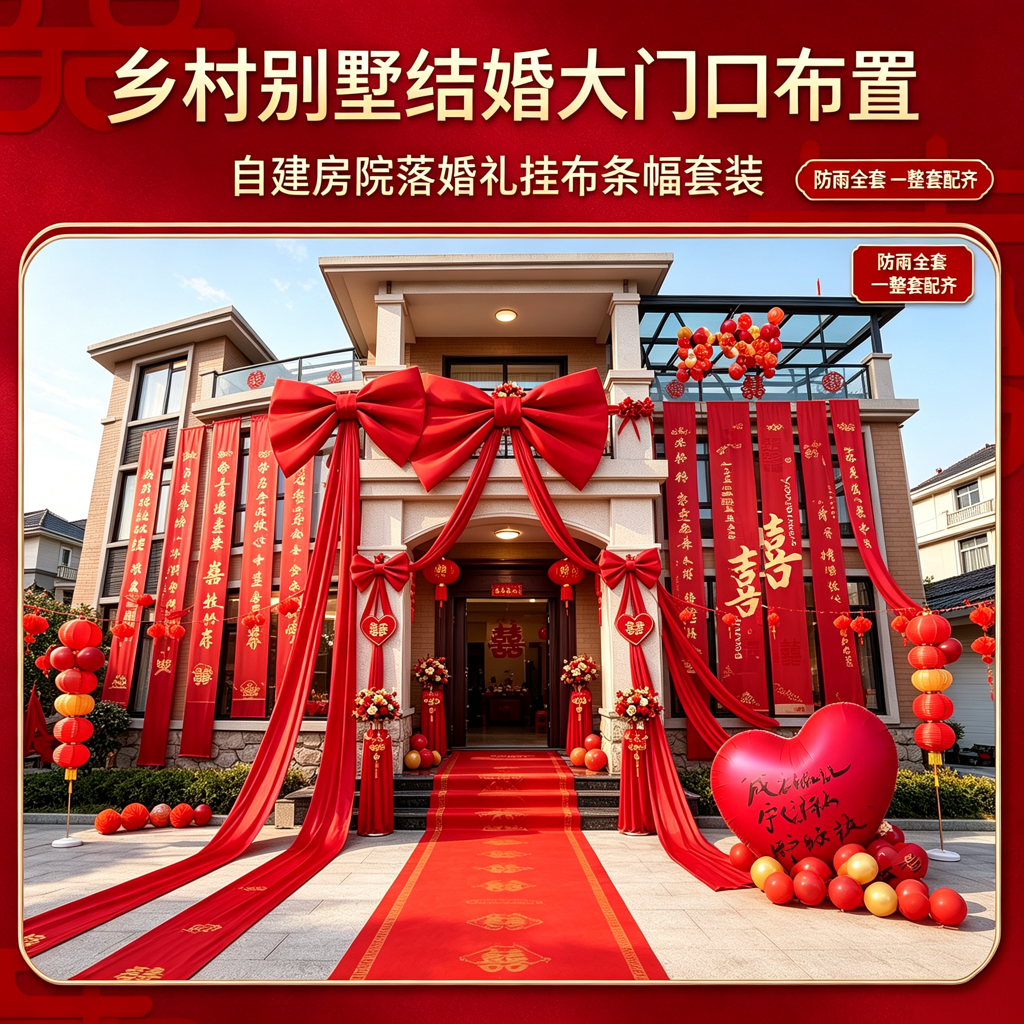 乡村别墅自建房结婚大门口挂布条幅院落婚礼含灯笼气球防雨全套