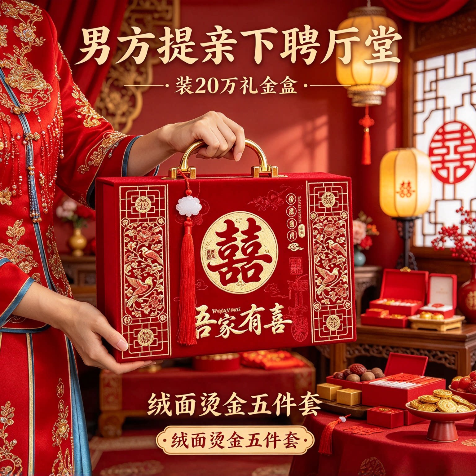 装彩礼钱的礼金盒子可装20万绒面烫金五件套女儿出嫁大红佳礼箱子