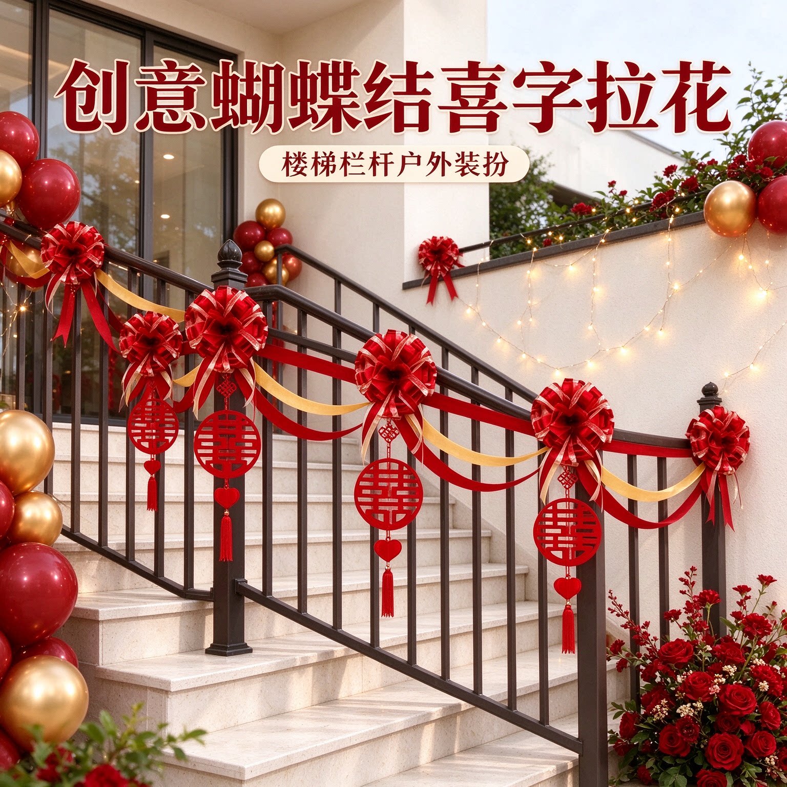 婚房拉花新人自建房波浪旗创意蝴蝶结喜字客厅背景墙装饰布置用品