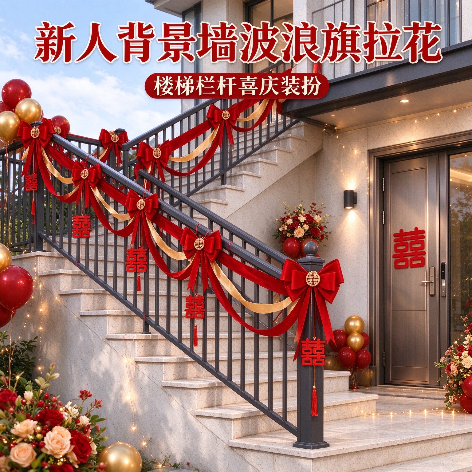 拉花彩带新人背景墙波浪旗氛围感大红楼道扶手婚房装扮婚礼装饰品