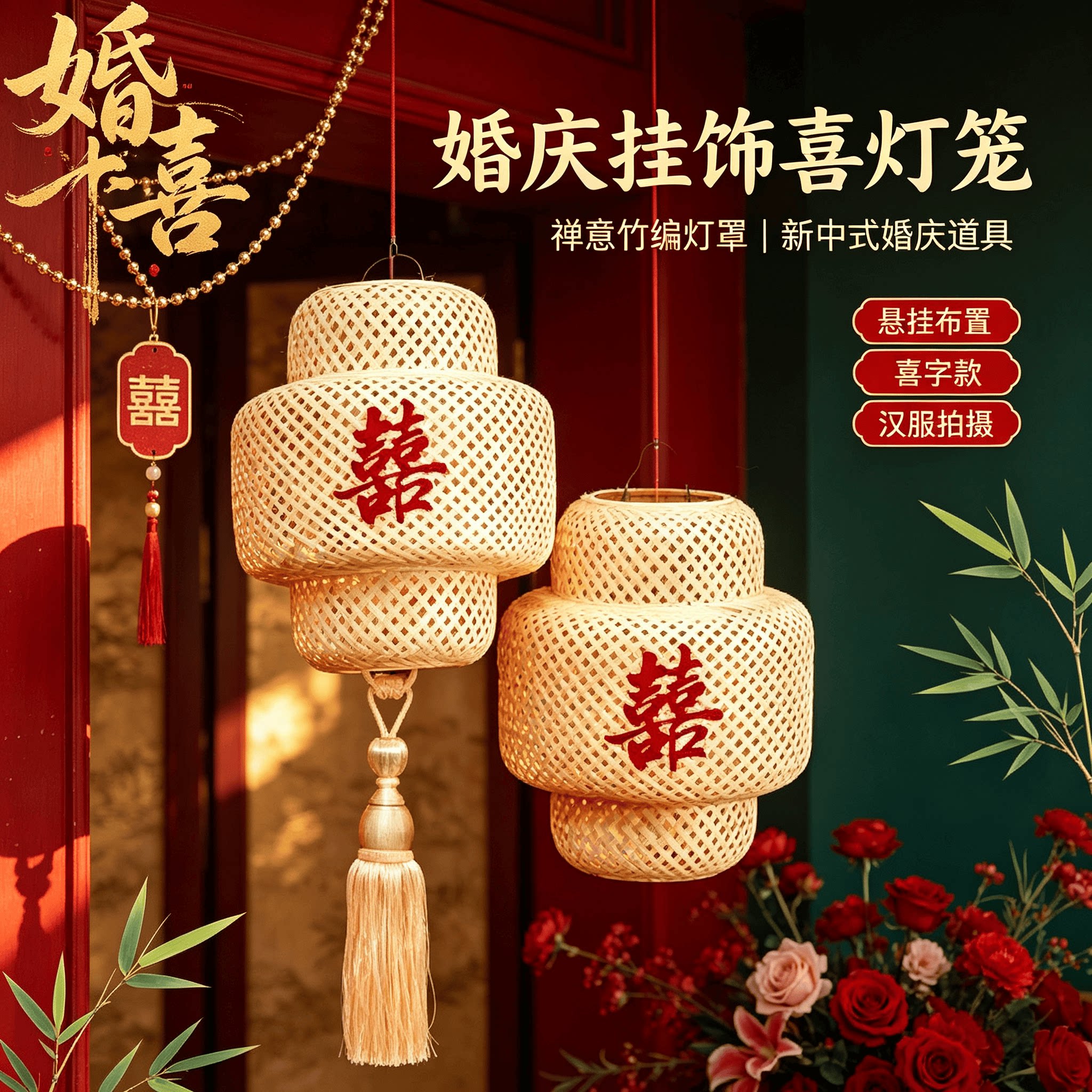 婚庆挂饰灯笼禅意喜字竹编灯笼