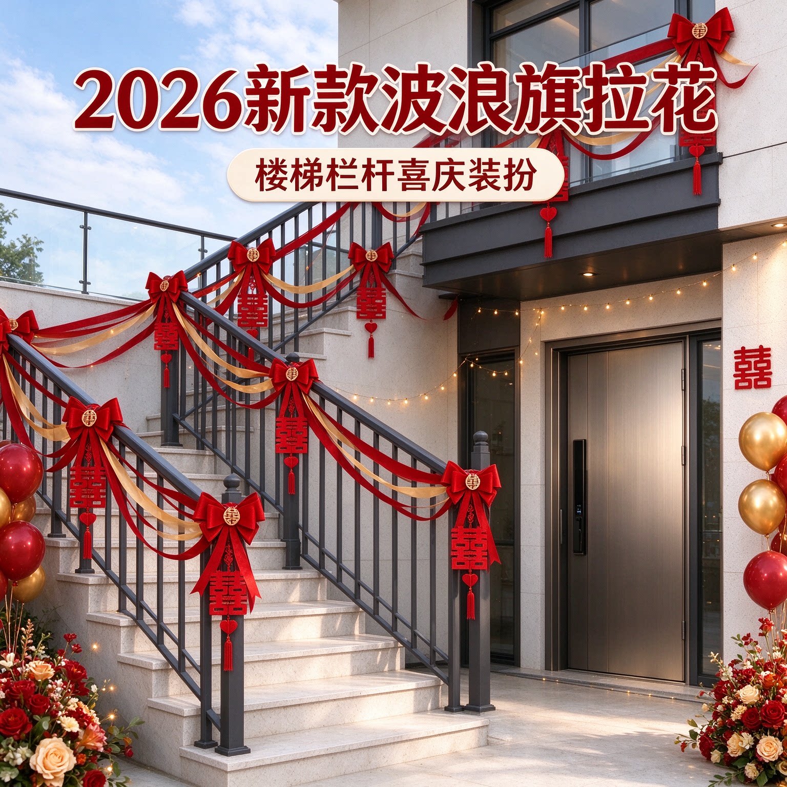 喜字拉花出嫁酒店波浪旗2026新款长条楼梯扶手婚礼装扮婚庆装饰品