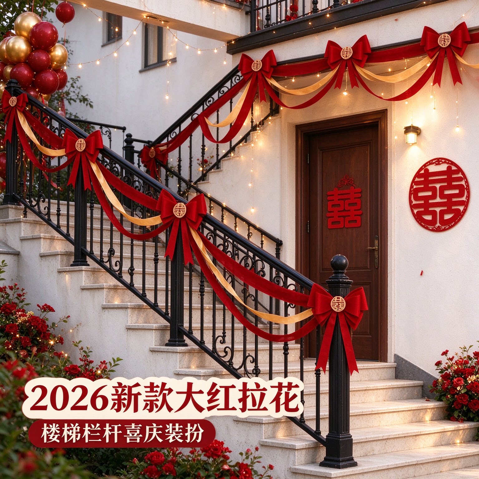 长条喜字背景墙拉花2026新款大红农村自建房婚房装扮婚礼场景布置