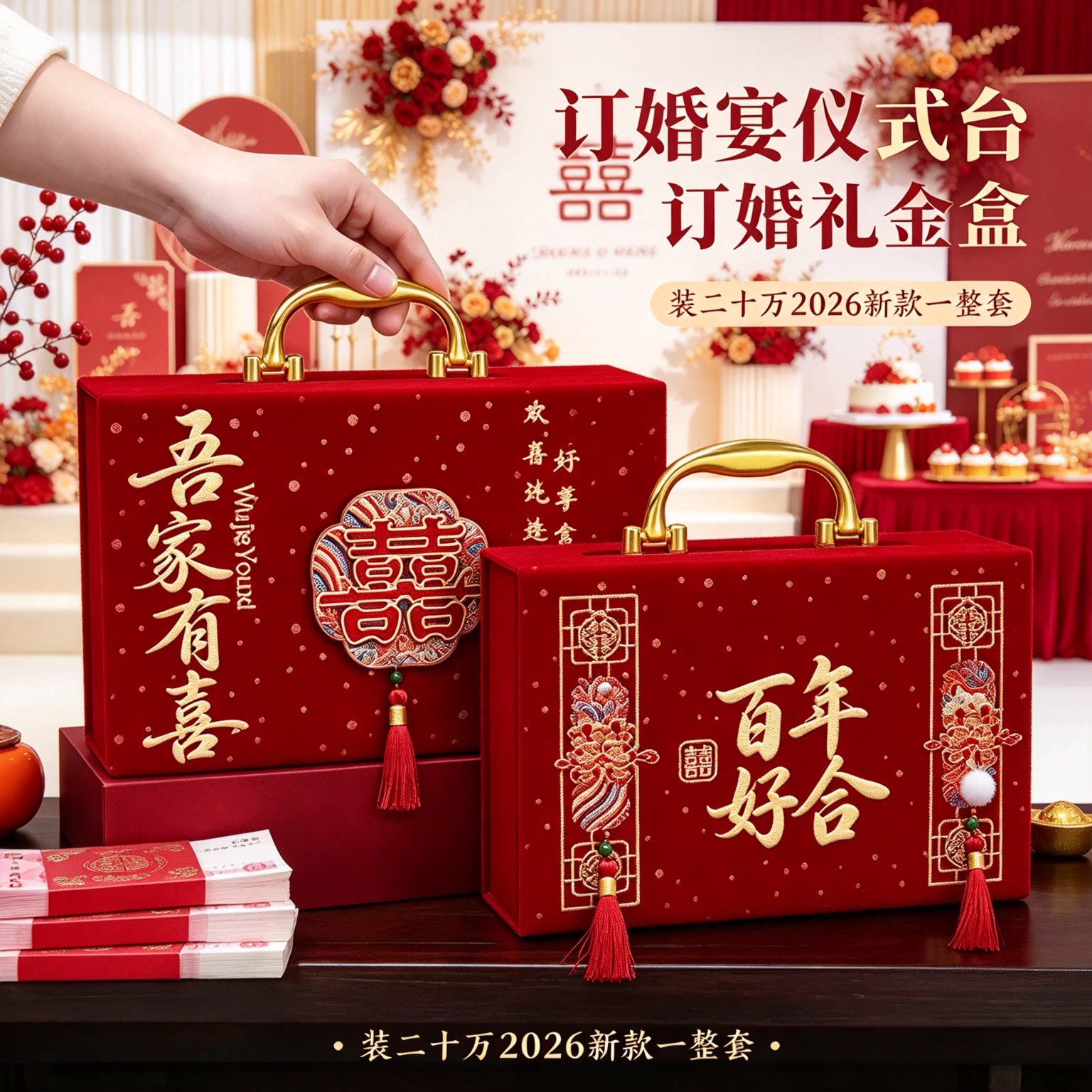装彩礼钱的礼金盒子装二十万2026年新款一整套婚庆大红聘礼现金箱