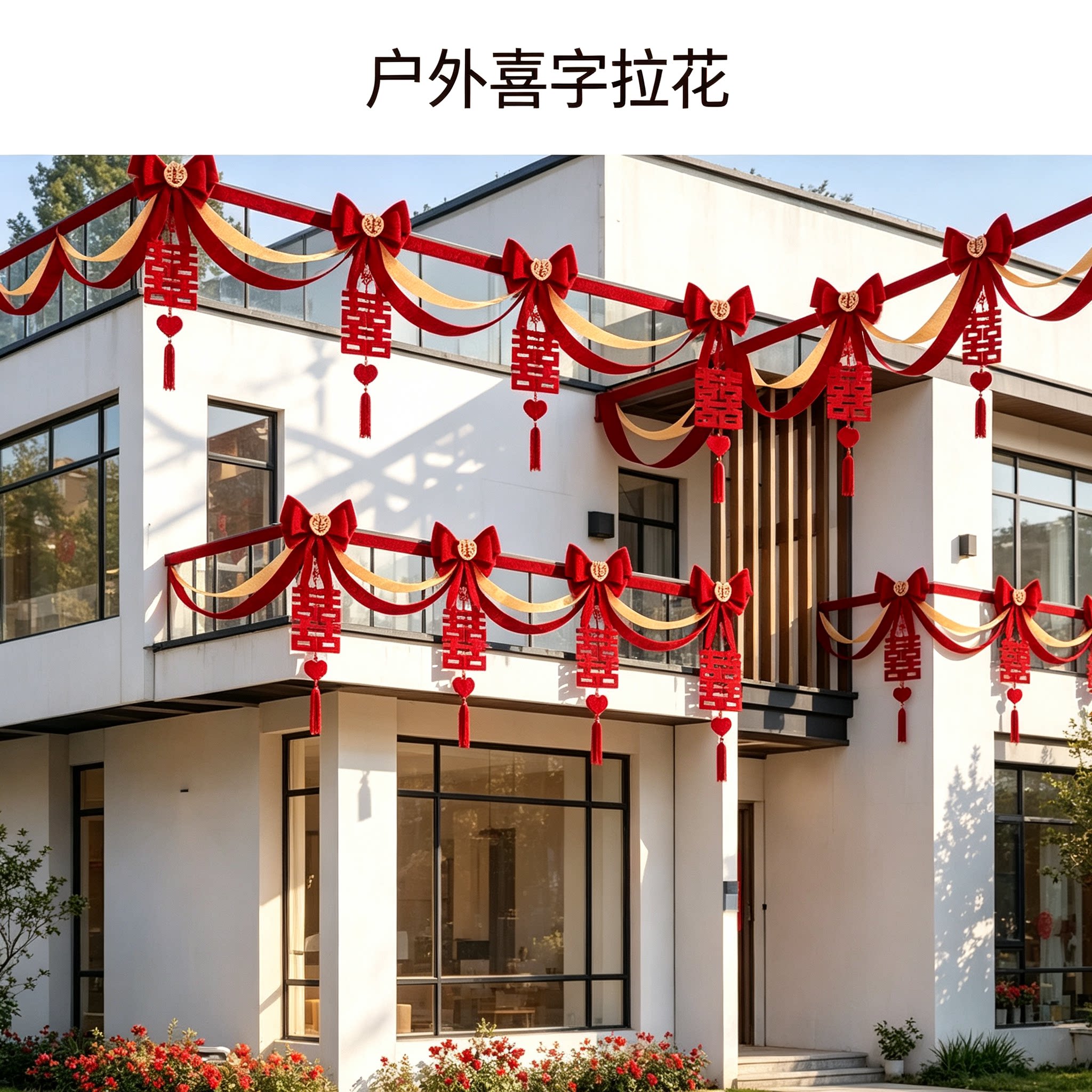 婚房拉花女方大门口波浪旗简约大红喜字楼梯扶手装饰布置装扮用品