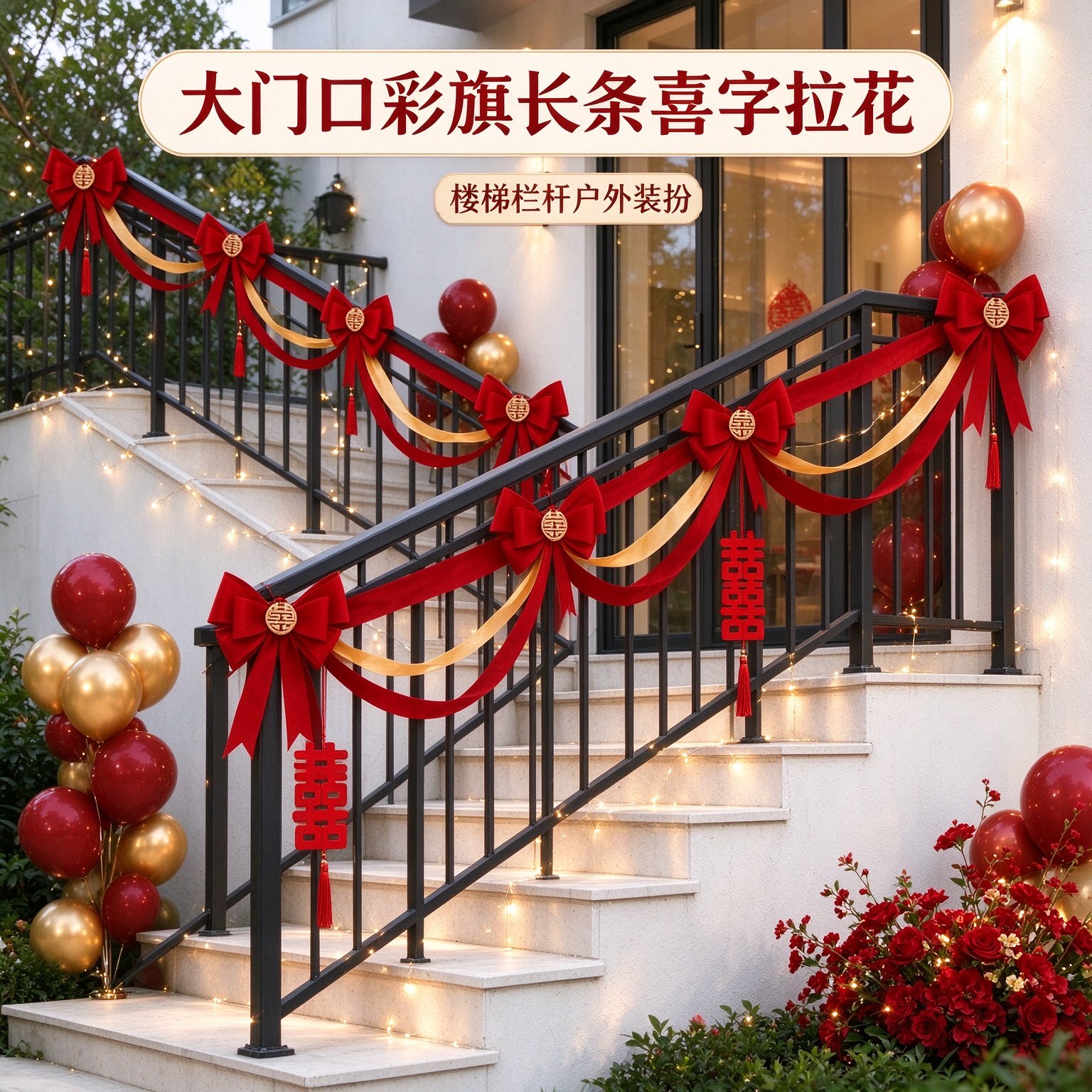 结婚拉花男方天花板彩旗长条大红喜字大门口装饰婚房装扮布置用品