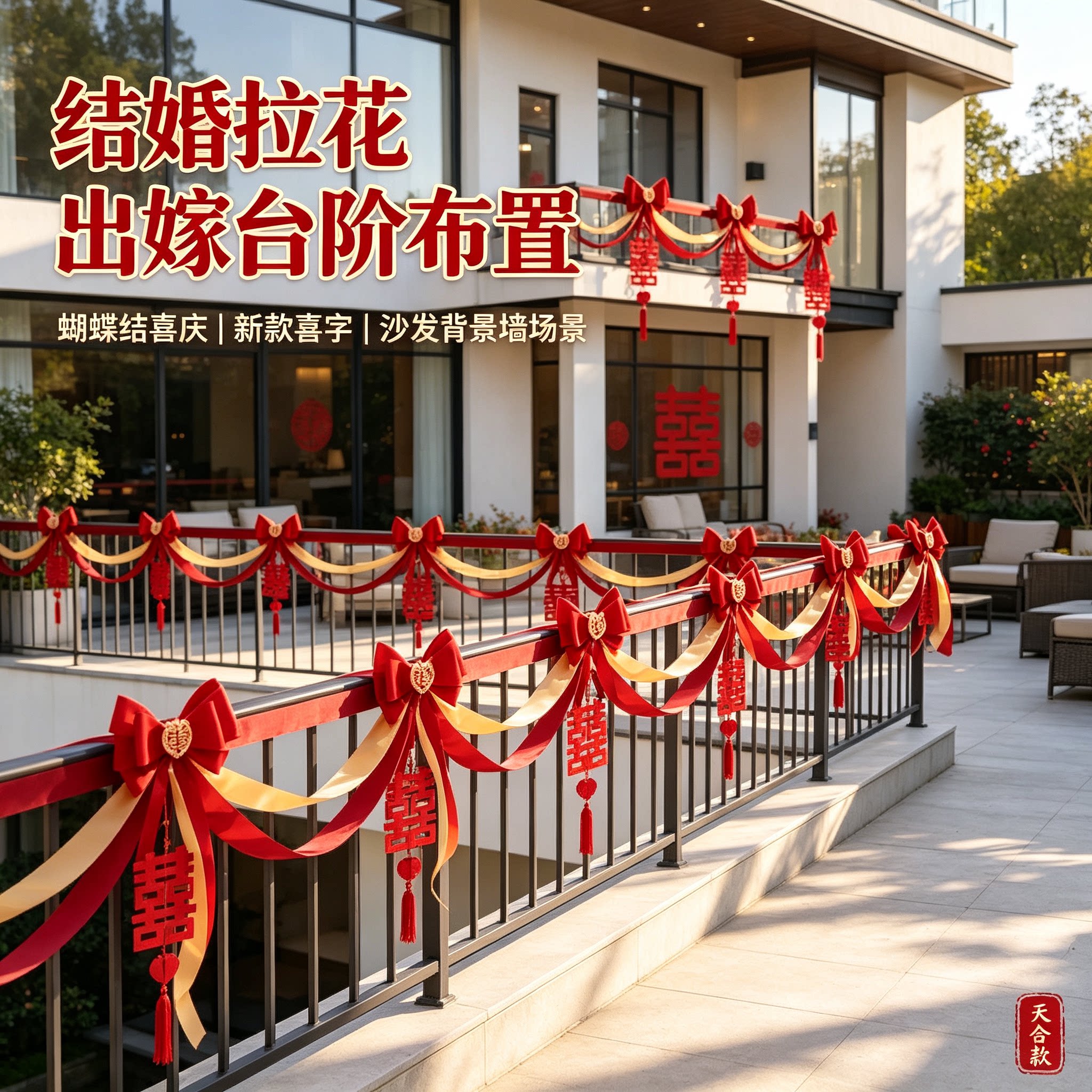 结婚拉花出嫁台阶蝴蝶结喜庆新款喜字沙发背景墙场景布置装饰用品