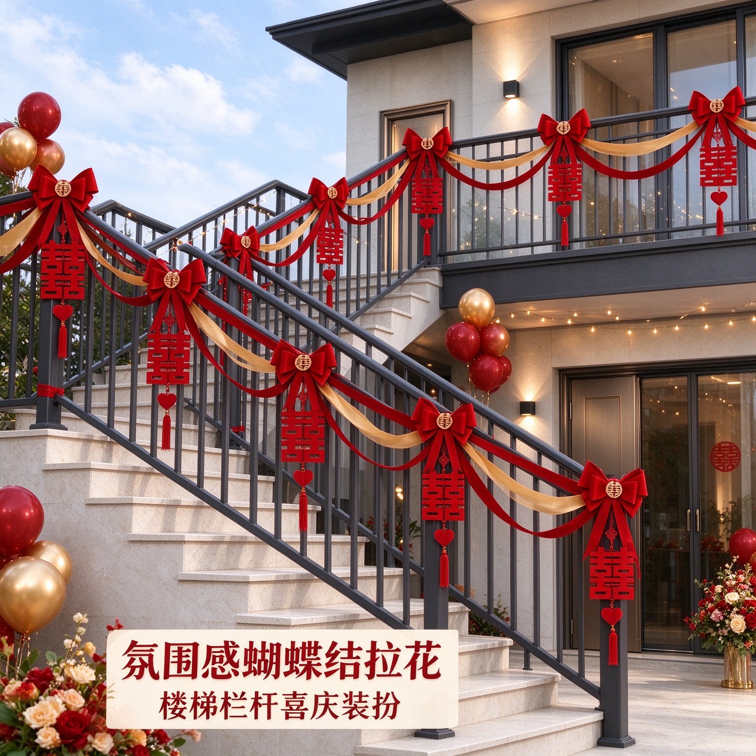 长条喜字出嫁院子波浪旗氛围感蝴蝶结房顶吊顶场景布置婚房装饰品