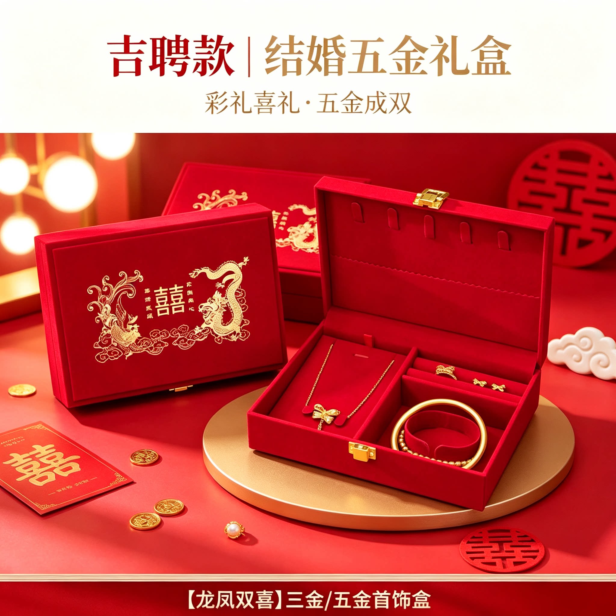 结婚黄金首饰盒开合方便男方金器订婚彩礼钱盒子酒红婚礼五金盒