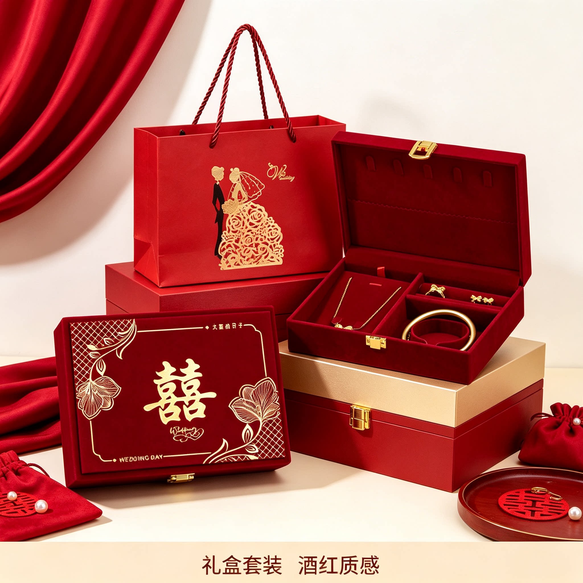 男方黄金首饰盒放金器订婚结婚彩礼钱盒子酒红质感婚礼三金盒