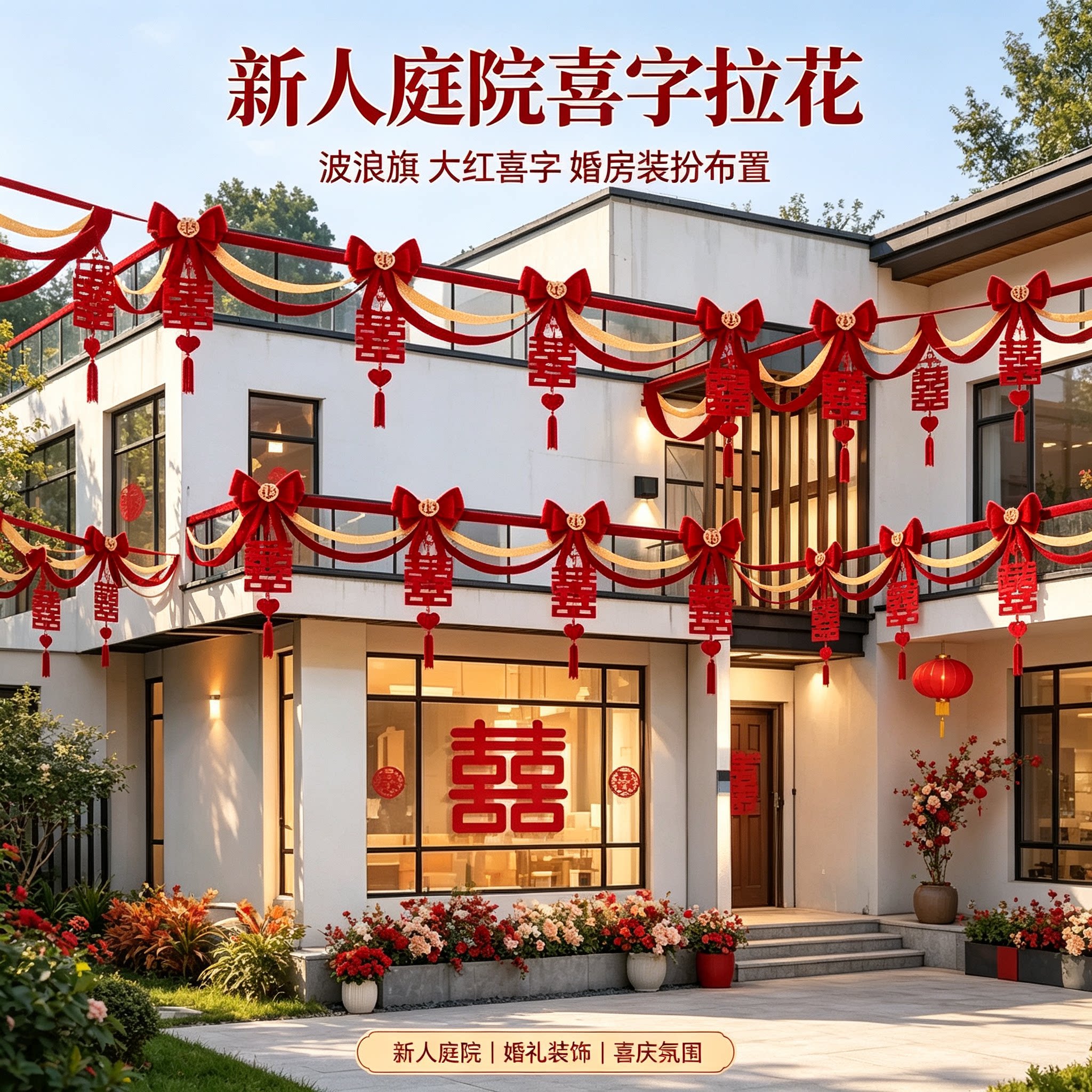 婚礼布置新人庭院波浪旗新款大红喜字沙发背景墙婚房装扮拉花用品