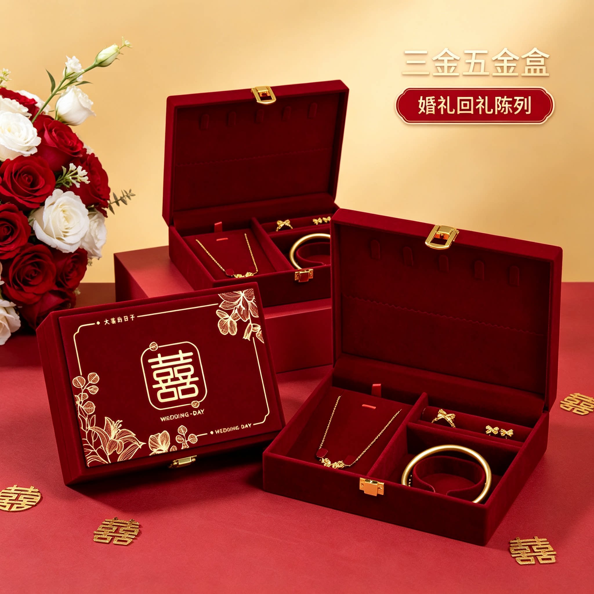 酒红黄金首饰盒男方金器订婚结婚彩礼钱盒子质感婚礼三金五金盒