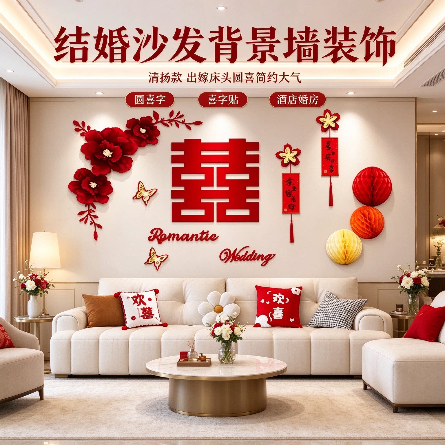 结婚沙发背景墙装饰出嫁床头圆喜简约大气喜字贴婚房卧室布置用品