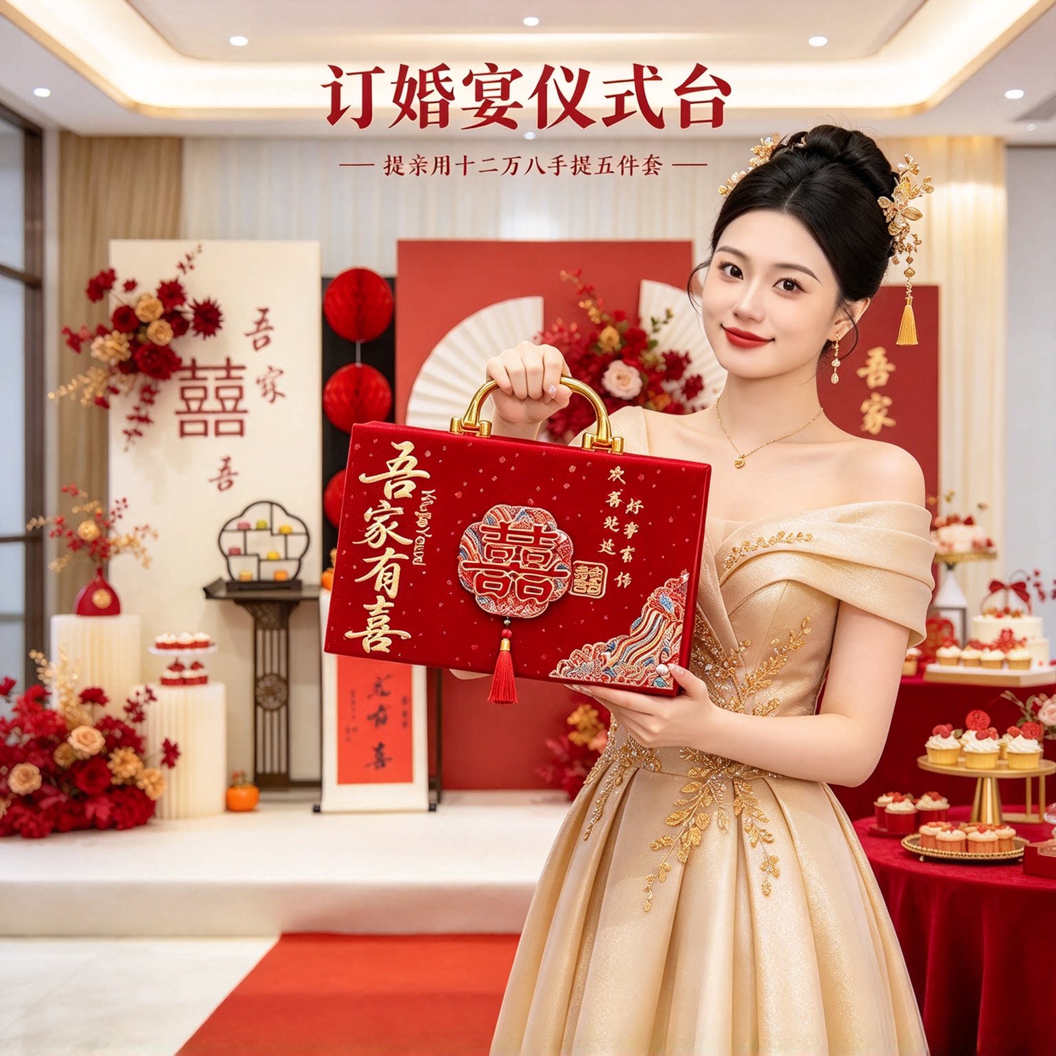 彩礼现金礼盒提亲用十二万八手提五件套女儿出嫁红色好礼用品大全