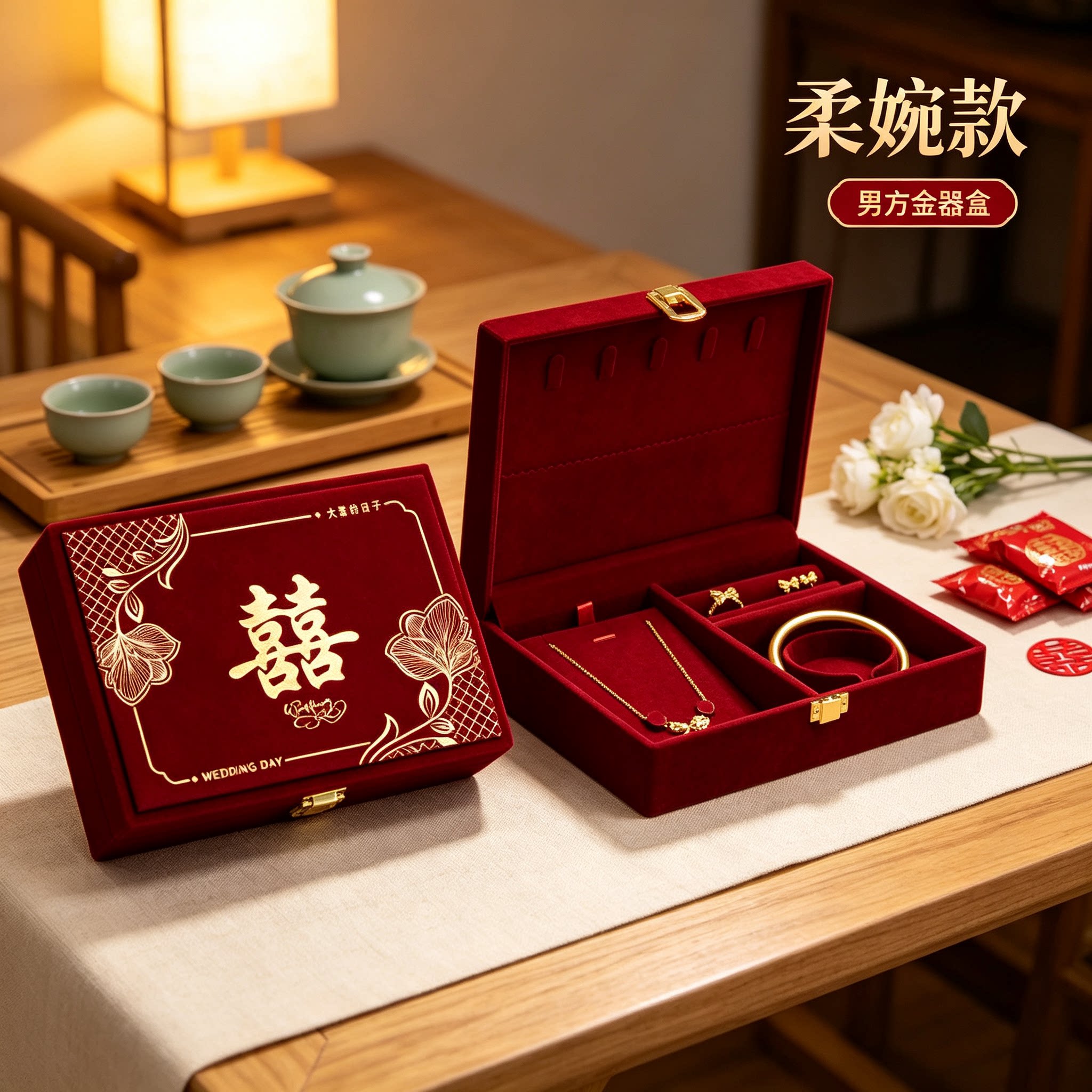 结婚黄金首饰盒聘礼用男方金器订婚彩礼钱盒子酒红质感五金盒