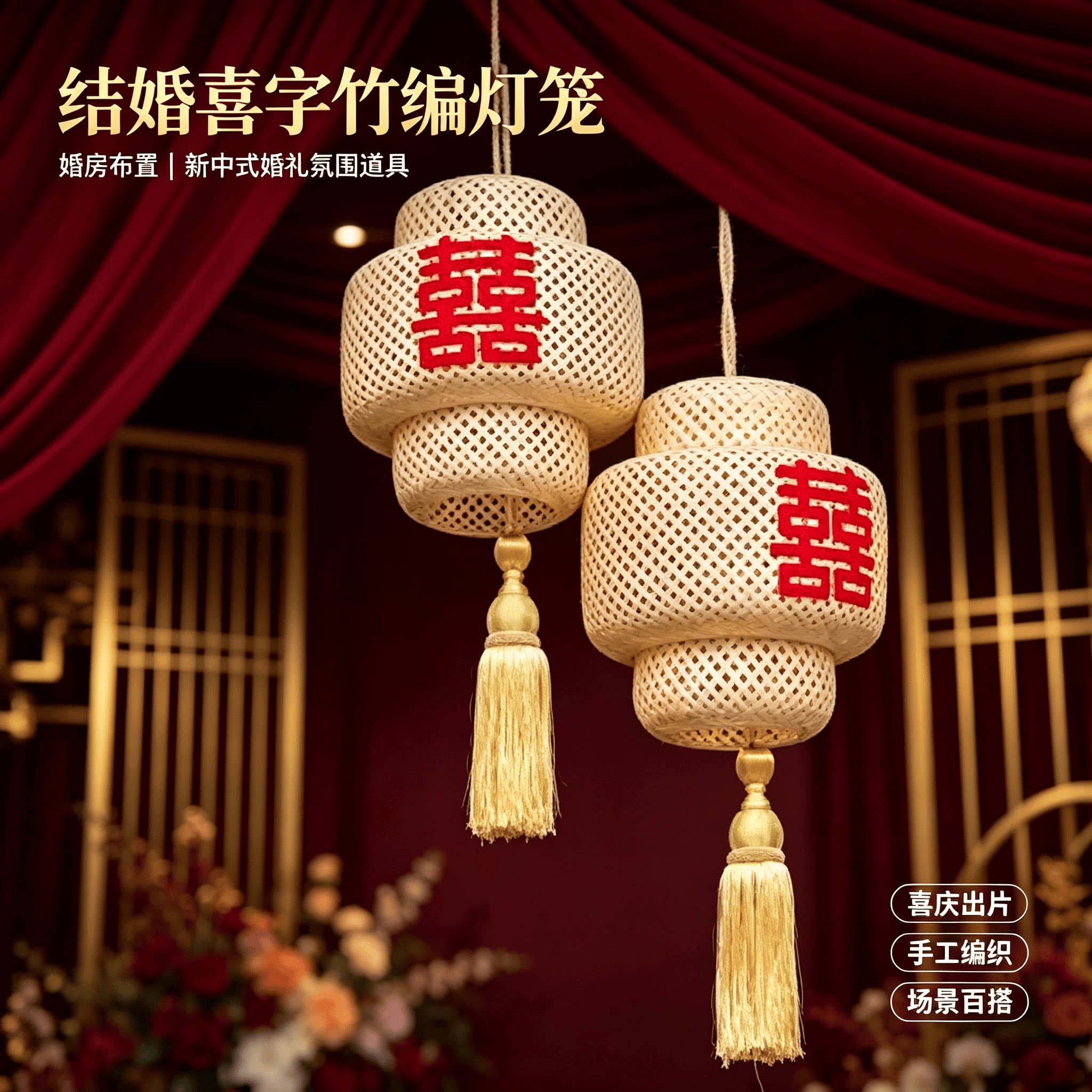 结婚灯笼禅意喜字竹编灯笼灯罩婚图片