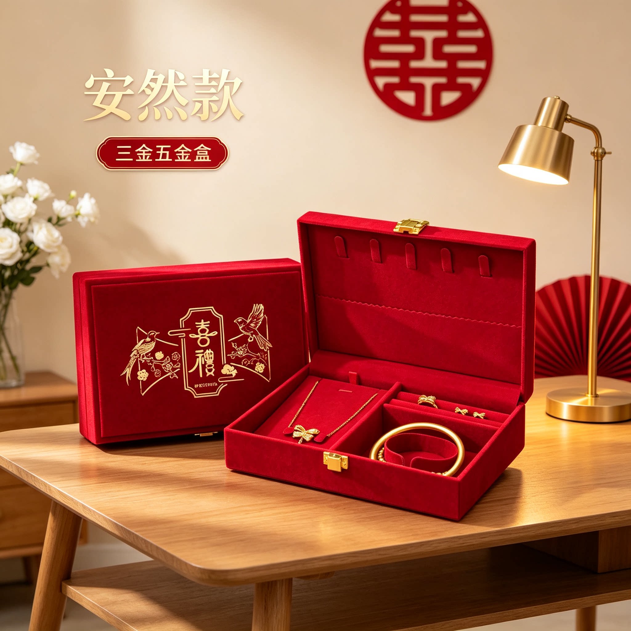 男方金器盒订婚黄金首饰结婚彩礼钱盒子酒红质感婚礼三金五金盒