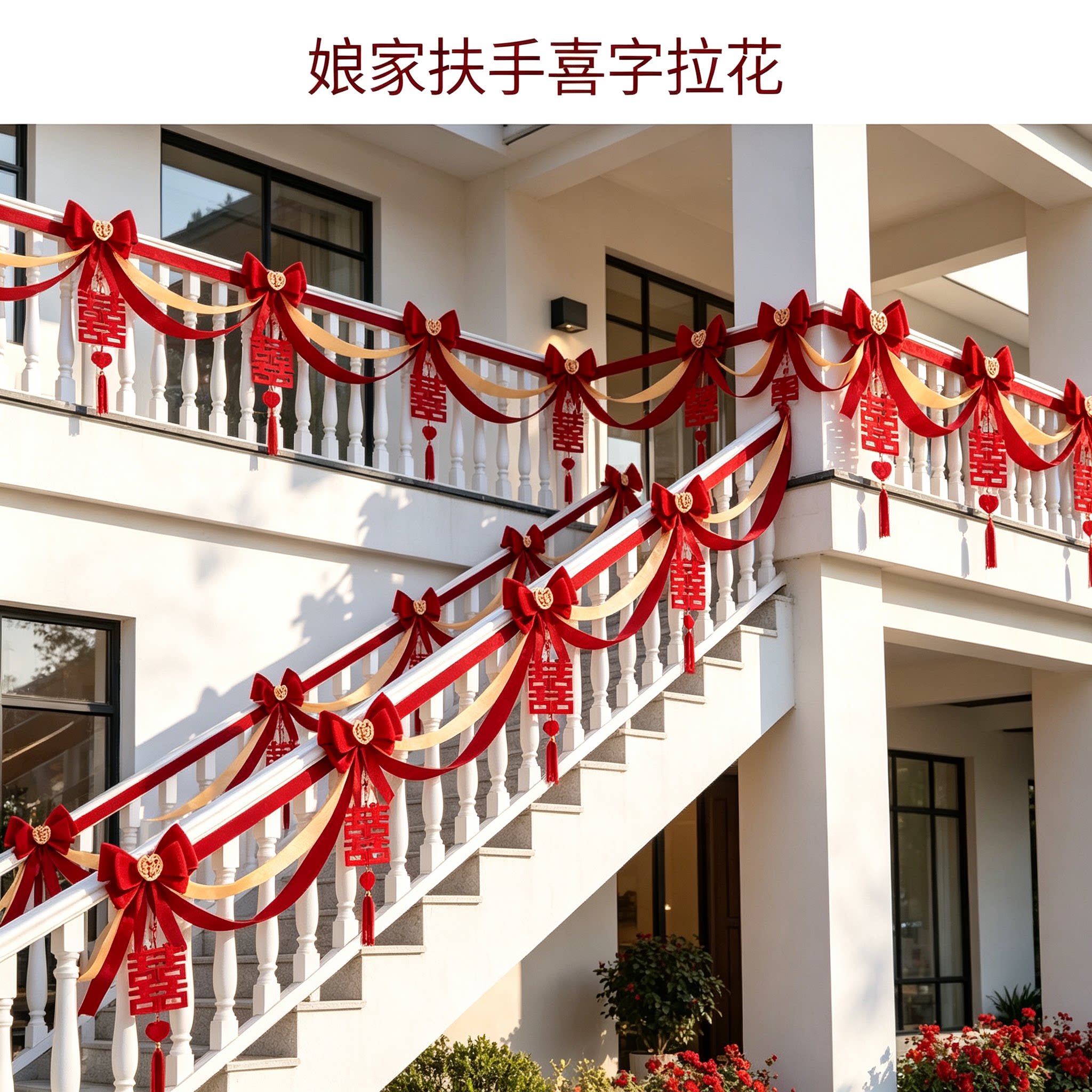 彩带拉花娘家扶手蝴蝶结新款大红喜字农村自建房场景布置装饰用品