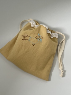 腊肠狗刺绣棉抽绳口红饰品收纳袋束口包 serein原创设计法式