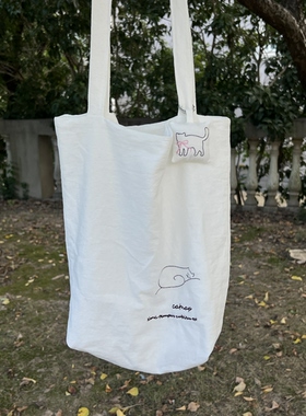 Le serein原创手工刺绣帆恬梦猫袋托特包棉通勤百搭氛围感单肩包