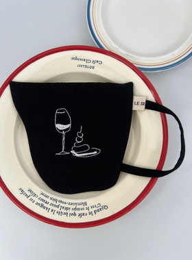 le serein原创设计法式酒杯甜点刺绣黑色棉酒杯形杯垫隔热垫餐垫
