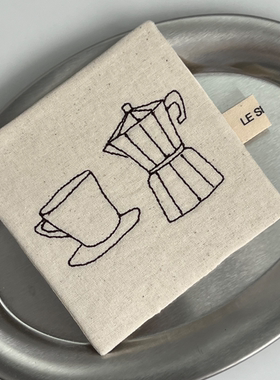 Le serein原创自制手工刺绣咖啡壶方形杯垫隔热垫餐垫