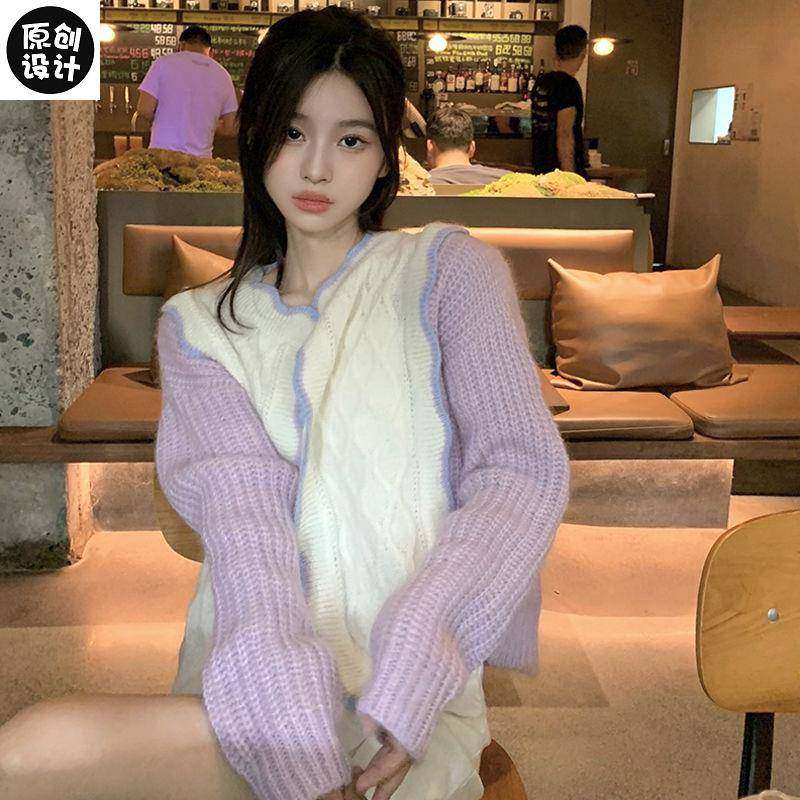 紫色毛衣外套女2021秋季新款拼色温柔甜美慵懒风小众设计针织开衫|ruв категории Женская одежда, свитер - от Buy2taobao.com для оказания профессиональной услуги покупки агента Taobao